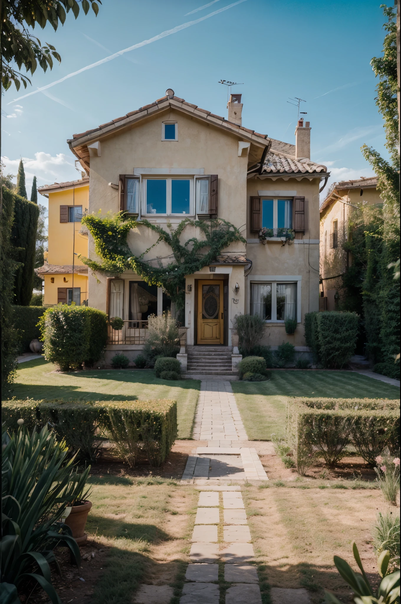 High quality photograph of a modern 2-story yellow house in soft lighting, captured with a DSLR camera and Fujifilm XT3, featuring a film grain effect. A huge garden at the front and a beautiful Tuscan landscape in the background. Ultra-high definition 8K resolution enhances image clarity.