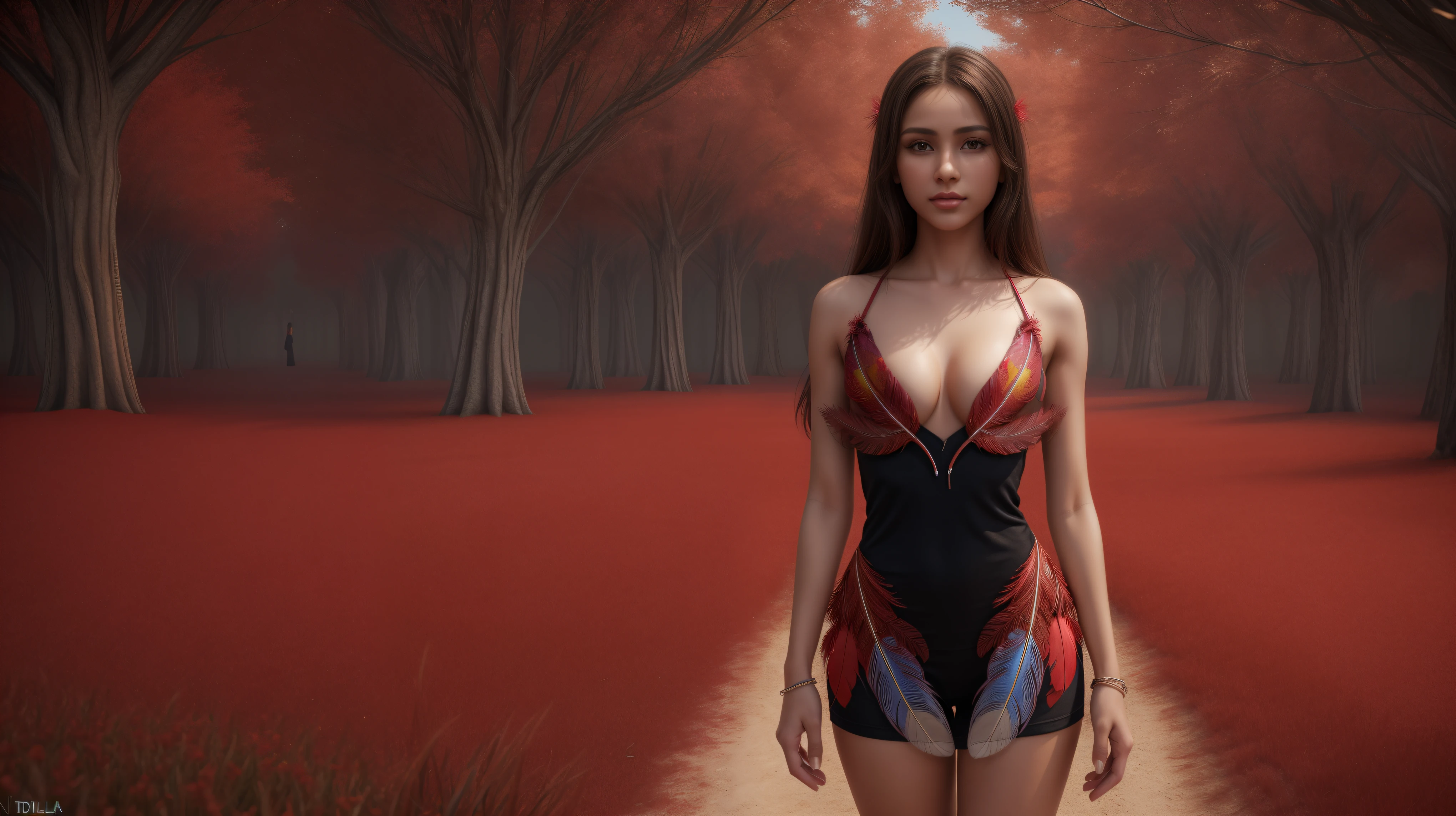 8k, masterpiece, RAW photo, best quality, photorealistic, extremely detailed CG unity 8k wallpaper, Depth of field, Cinematic Light, Lens Flare, Ray tracing, (extremely beautiful face, beautiful lips, beautiful eyes), intricate detail face, ((ultra detailed skin)), ((1girl:1.9)), ((alone:1.9)), ((seductively standing pose)), (official art, beautiful and aesthetic:1.2), deep shadow, (sharp focus), [((Raiana-Elizabeth-Dilla:1.9))], pretty girl, (very slim slender fit-muscled body:1.9), ((beautiful legs:1.4)), (big smile:1), (((ultra-short ((red:1.5)) casual-style clothes))), (((fractal art:1.1),(colorful:1.1)(flowers:1.3),(zentangle:1.2), (abstract background:1.3), (shiny skin), (many colors:1.4), (feathers:1.5))), beautiful earrings, bracelets, necklace, red pendant, clear eyes, (pale skin), (face forward), ((whole-body-view)), ((full-body:1.8, cinematic shot)), soft lighting, (long black hairs), (looking at viewer:1.8), cleavage breasts, (large breasts:1.4), highly detailed, ultra realistic, extremely detailed and realistic ((red:1.5)) clothes.