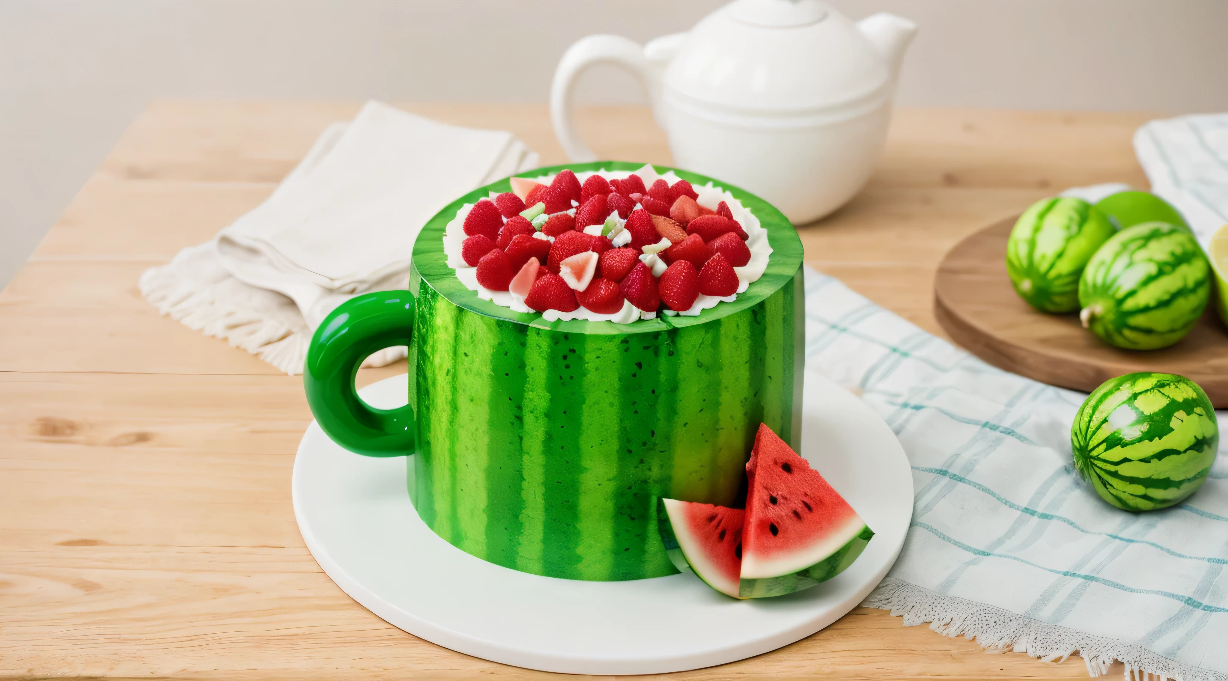 There is a watermelon cake in the form of a mug on a wooden table.. there is a tablecloth with a cutting board next to it, on which lie small watermelon berries. , blurred kitchen background, realistic textures , Realistic стиль, Detailed textures, Ultra 4K hd, High quality, a high resolution , Pixel detail, difficult, Realistic, movie scene, Cinematic, High quality, full color, incredibly detailed, 4K, 8K, 16 thousand., гиперRealistic, Photo in RAW format, masterpiece, ultra detailed, professional color correction, professional photography
