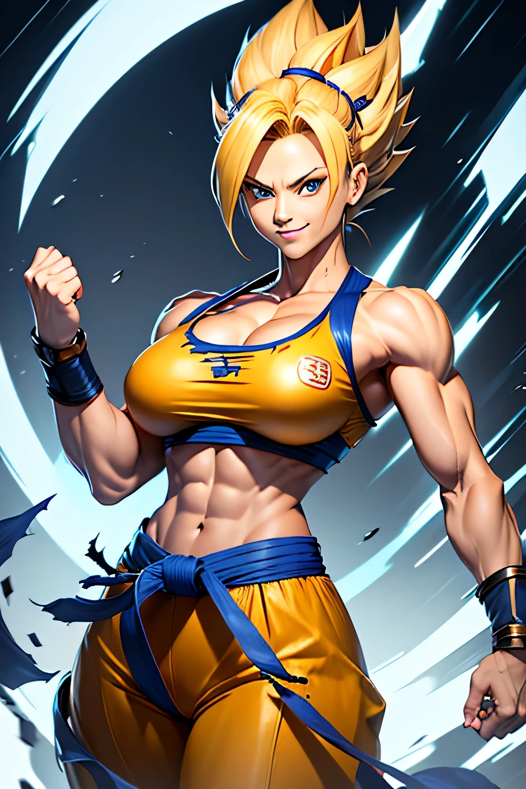 super saiyan female solo、battle damage、blonde、blue belt、field&#39;eyes、muscle tissue、muscular woman、spike hair、Super Saiyan、Super Saiyan 1、relaxed smile、torn clothes、Wristband、big and full breasts:1.5