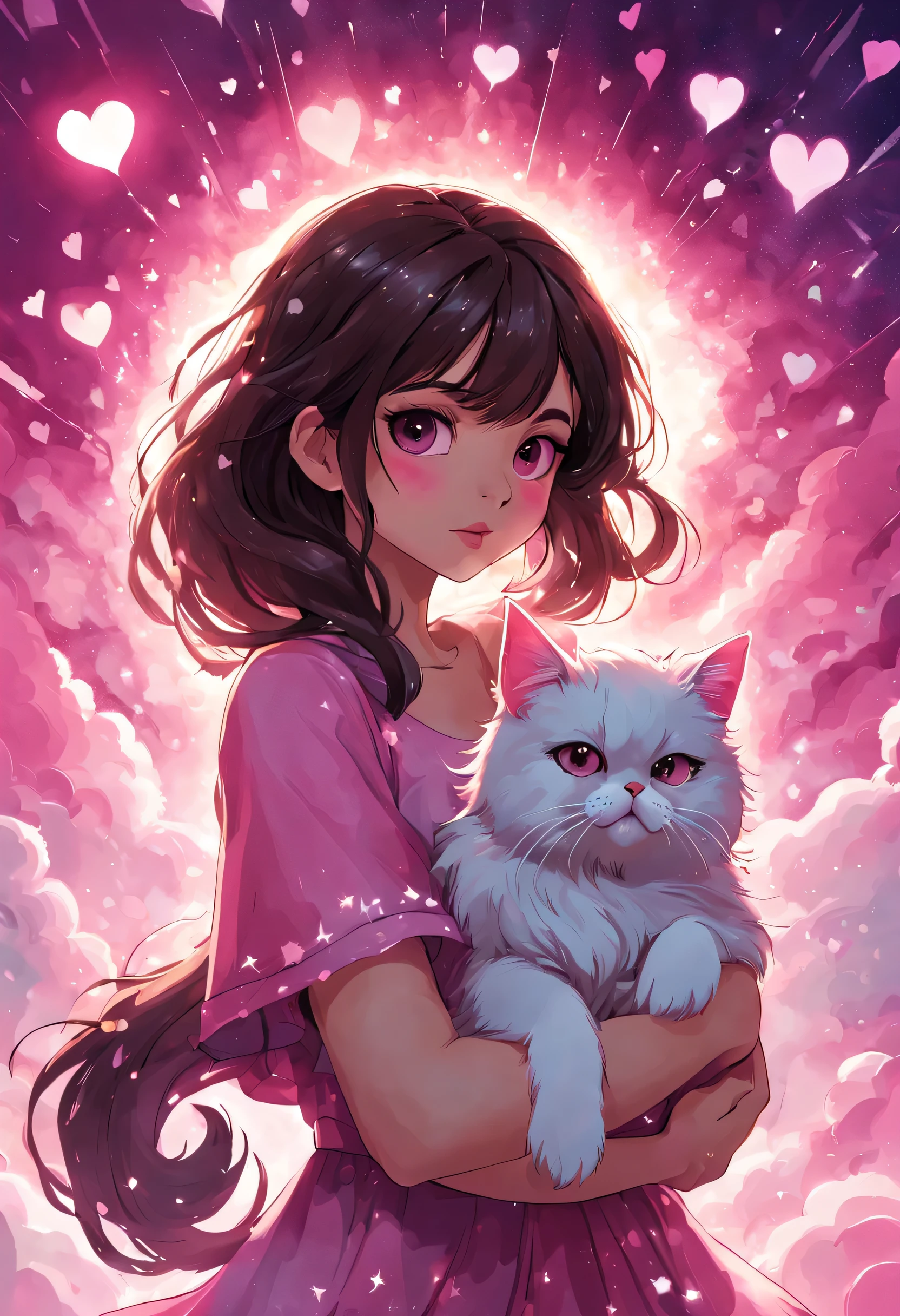 beautiful brunette basque girl with flowing hair holding a persian cat with glowing eyes and upturned tail, 8k, sparkling dust forming glowing hearts, puffy cloud hearts floating in the air,rays of light emanating, misty atmosphere, pink colors,gentle and dreamy lighting,magical aura surrounding the girl,sparkles and glitter surrounding the heart, Illustration big splash ink style, swirling sparkle, (best quality), 4k, 8k, UHD, highres, masterpiece