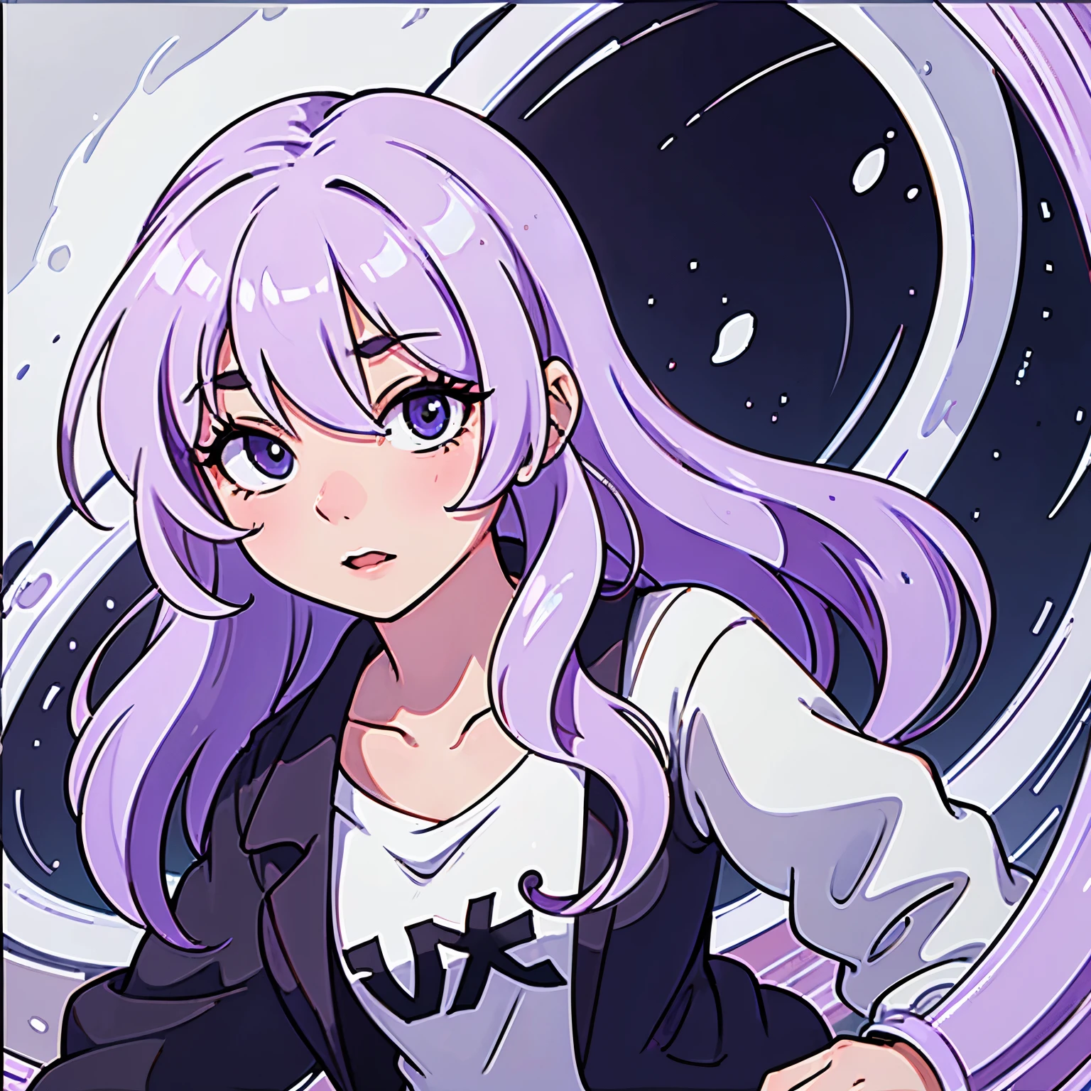 Cute anime girl with bangs and wavy, light purple hair, light blue eyes