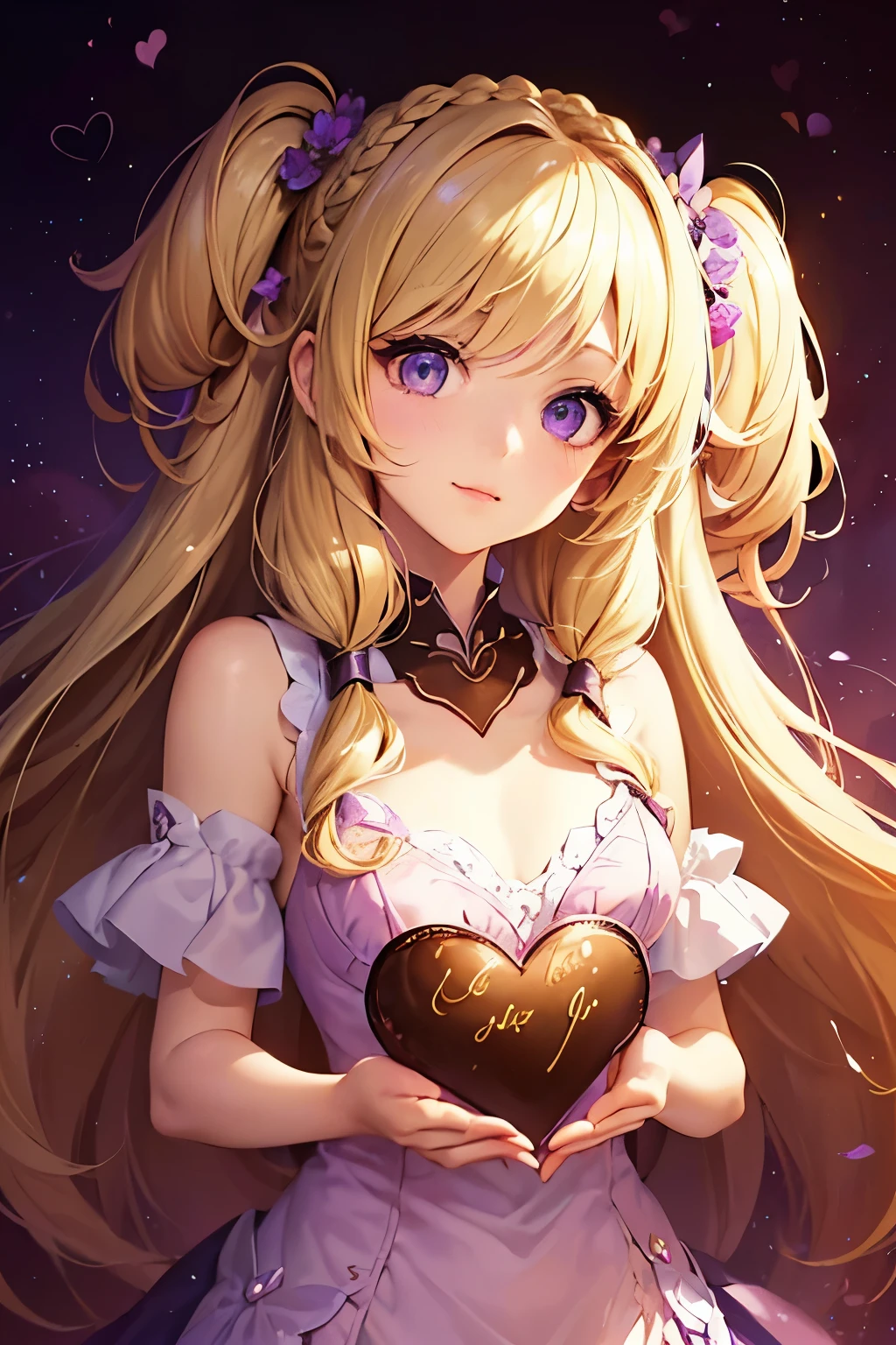 1girl,sense of deps,disorganized,catch light,Super beautiful illustrations,(chocolate,heart,Hold in hand),valentine&#39;s day,((beautiful blonde,Two Side Up Hairstyles:1.3)),((Beautiful purple eyes:1.2)),;D,beautiful and delicate flowing hair,emphasized chest