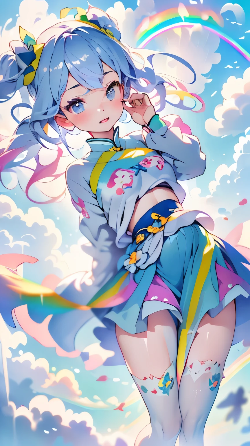 (((Floating in the sky:1.2、one girl、Stand on the clouds)))、Magical girl、Pastel clouds、perfect anatomy、small face、small nose、plump lips、twin tails、rainbow colored hair、Messy clothes、disheveled clothing、unreasonable、Shooting in the sky、(((背景はPastel clouds:1.5、rainbow、blurred background)))、highest quality、High resolution、High resolution、cinematic lighting、professional photographer