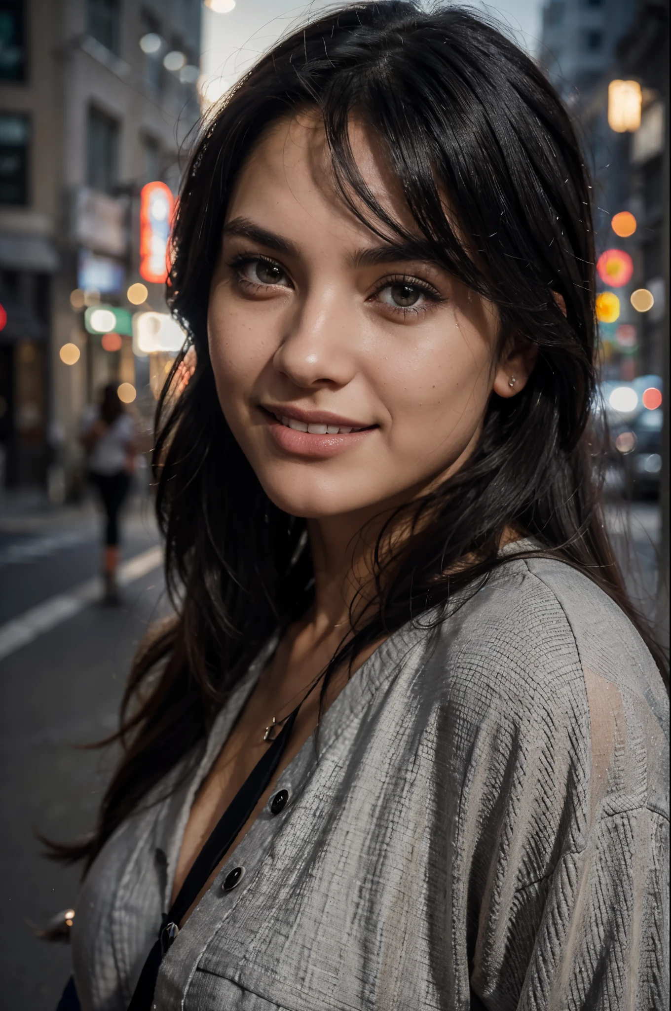 black hair and big eyes, undercut, long hair, smile, happy, gray eyes, selfie of a young woman, camera eyes, no makeup, natural makeup, with clothes, on the street at night, cinematic lighting, UHD, ultra realistic, meticulously detailed, detailed face, realistic eyes, realistic skin, dynamic pose, dynamic angle, masterpiece, textured skin, super detail, high details, high quality, best quality, highres