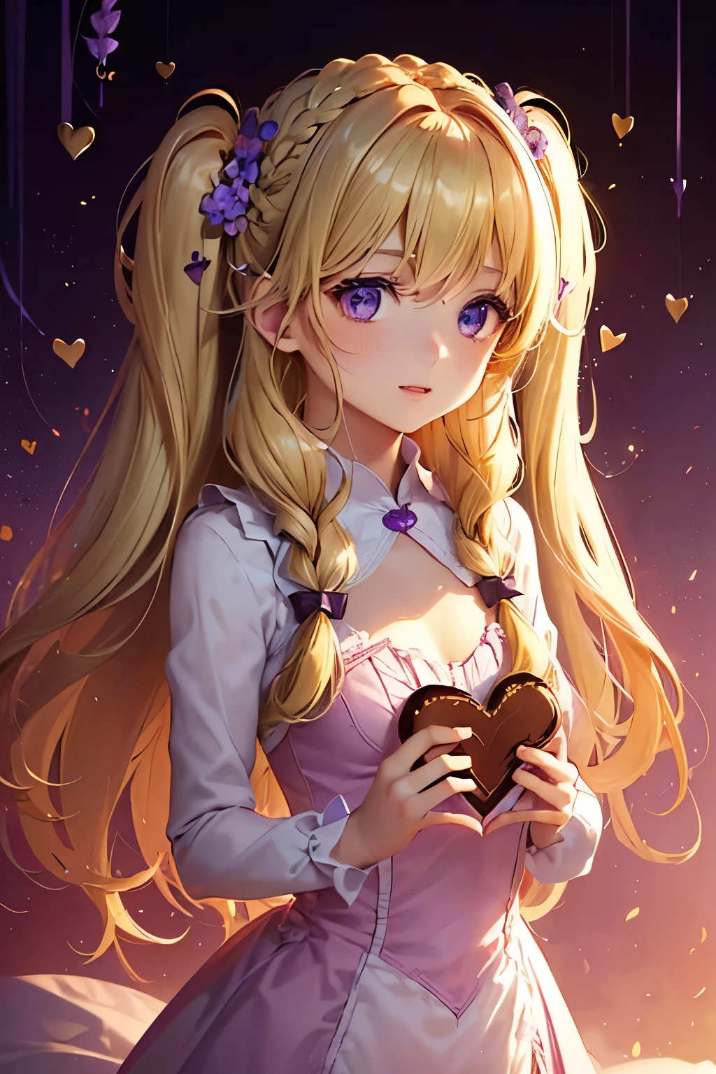 1girl,sense of deps,disorganized,catch light,Super beautiful illustrations,(chocolate,heart,Hold in hand),valentine&#39;s day,((beautiful blonde,Two Side Up Hairstyles:1.3)),((Beautiful purple eyes:1.2)),;D,beautiful and delicate flowing hair,emphasized chest