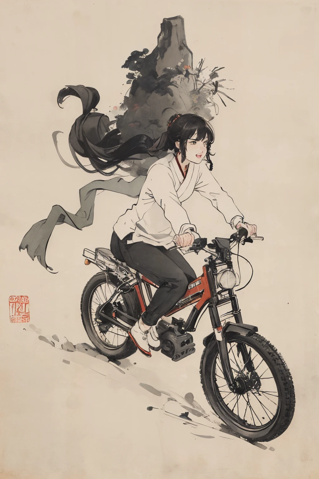 (masterpiece, best quality: 1.2), Chinese traditional ink painting, riding bikes