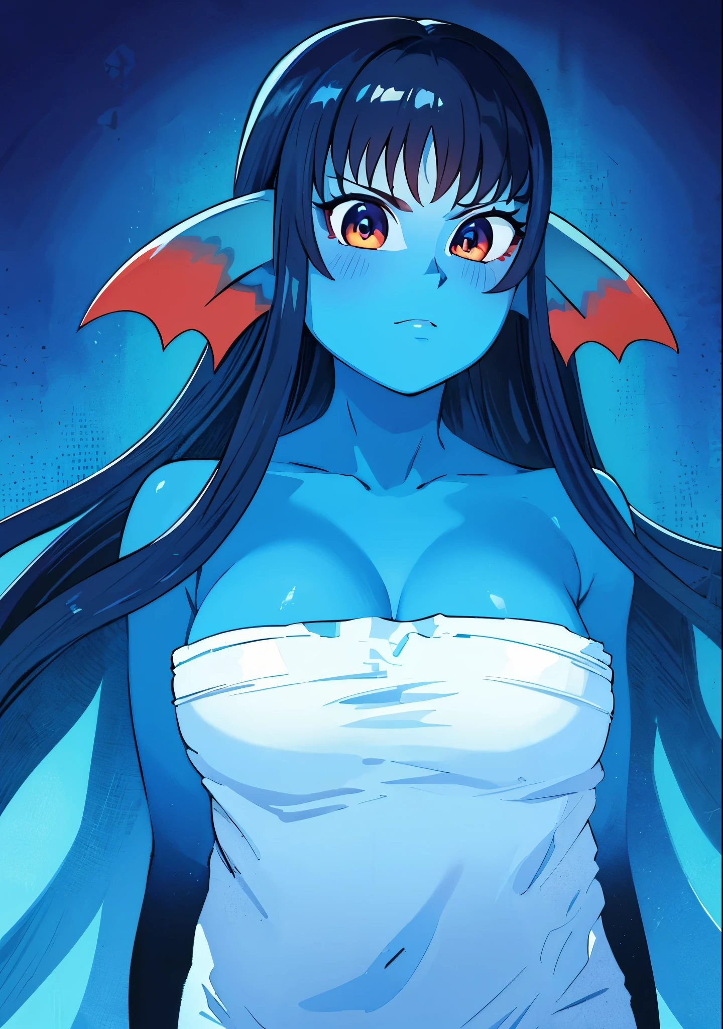 8K,high quality,anime,married woman,beautiful,clean,bright,highlights in eyes,sexy,super big tits,oversized ,erotic,nude,beautiful line drawing. Blue skin, blue and orange gradient ear fins, black hair color, high quality, in bath towel,