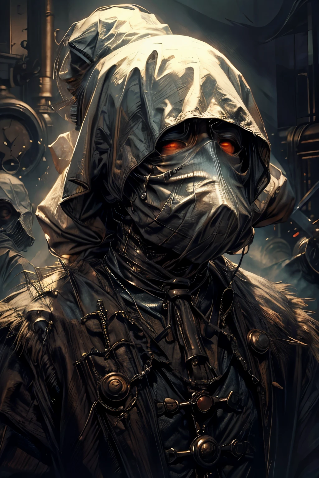 retro photography ,Craig Mullins,rusty cyborg dressed in a torn dirty white cloak with a hood,bold lines,glitch,muted colors,noise,dust and scratchers,old photo, hyper detailed,poster