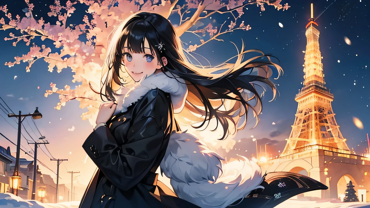 Create a widescreen image featuring a winter-themed anime girl. she has been for a long time, He has black hair and is decorated with star decorations.. in the background, Tokyo Tower can be clearly seen, Adding to the urban winter atmosphere. The scene is night, And she's wearing a star-patterned fur-trimmed coat, Illuminated by the soft light of the surrounding street lamps. she has a warm smile、I'm graciously extending my hand, Snowflakes fall gently around her, Enhance her magical and fantastic presence.