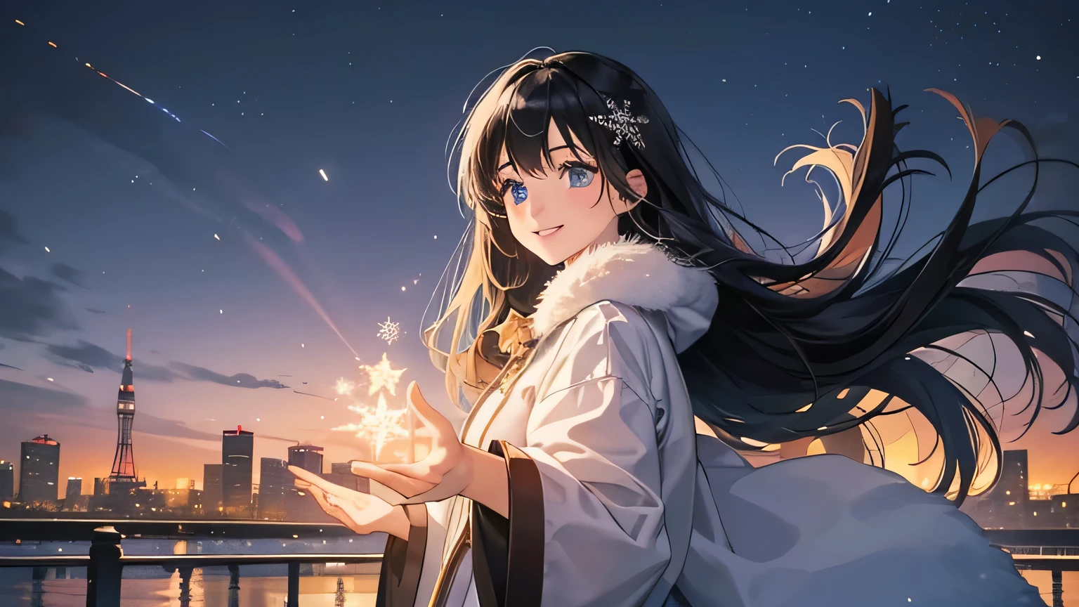 Create a widescreen image featuring a winter-themed anime girl. she has been for a long time, He has black hair and is decorated with star decorations.. in the background, Tokyo Tower can be clearly seen, Adding to the urban winter atmosphere. The scene is night, And she's wearing a star-patterned fur-trimmed coat, Illuminated by the soft light of the surrounding street lamps. she has a warm smile、I'm graciously extending my hand, Snowflakes fall gently around her, Enhance her magical and fantastic presence.