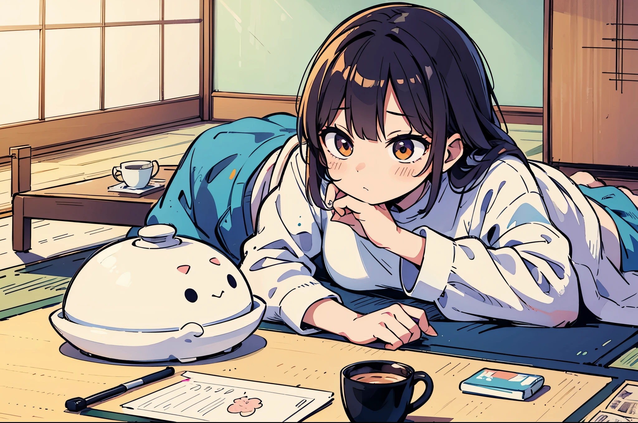 Slightly hot、Kotatsu、lie down、mug cup、sketch、colored pencils、Soft painting style