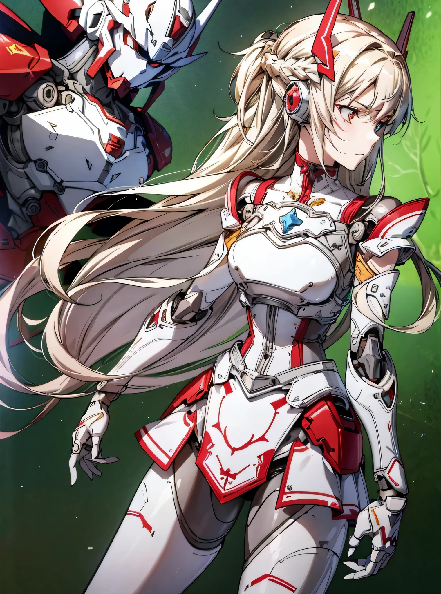 highest quality、unity 8k wallpaper、32K、masterpiece、Super detailed、ultra high resolution、ultra high resolution、android yuuki asuna、Blood Alliance Knight、Androidization、robot girl、red and white armor and dress、mechanical limbs、thigh、chest、mecha musume、mechanical parts、複雑に表現されたスーパーrobot joints、robot joints、robot fingertips、single mechanical arm、mechanical arm、headgear、headset、mechanical harrow、Star Halo、Complex mechanical bodies、Mechanical corset covered with dense armor.、stiletto heels、Realistic and complex camera eye、A complex fusion of body and machine、Legs covered in white and red armor、robot knee joint、mechanical fingers、Eyes like a mechanical camera、anatomically accurate machine、The whole body is covered with machines、covered in red and white armor、beautiful posture、((Even my head is a machine、The back of your face is also a machine.))、I can see the machine from inside my mouth、princess half up hairstyle、(((thighの一部が肌色の肉体)))、