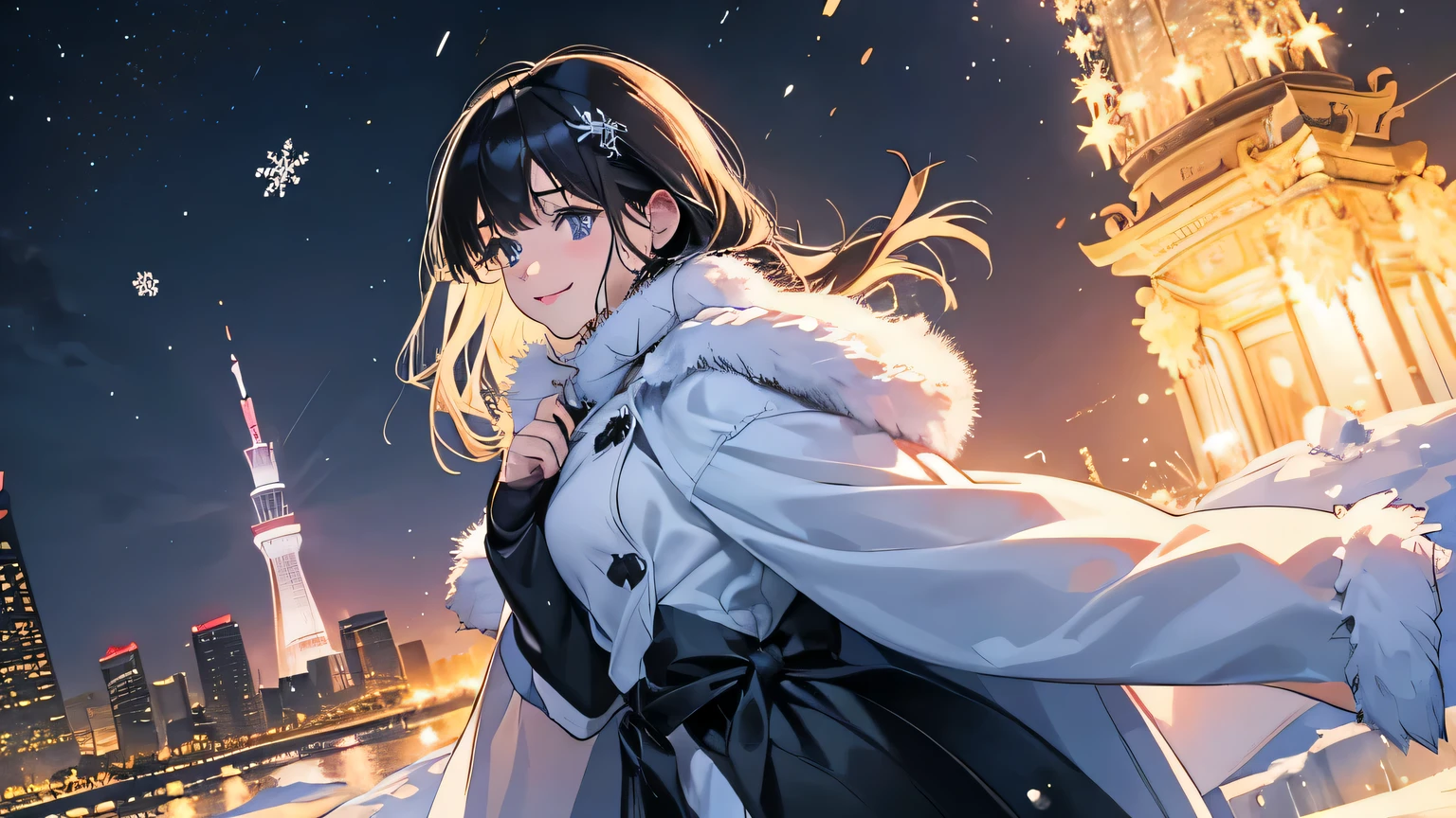 Create a widescreen image featuring a winter-themed anime girl. she was like that for a long time, Black hair with star decorations.. in the background, You can clearly see Tokyo Tower too., Adding to the urban winter atmosphere. The scene is night, And she'She wears a coat trimmed with star-patterned fur., Illuminated by the soft light of the surrounding street lamps. she has a warm smile、I'Iは親切に手を差し伸べる, Snowflakes fall softly around her, Further enhances her fantastical and fantastical presence.