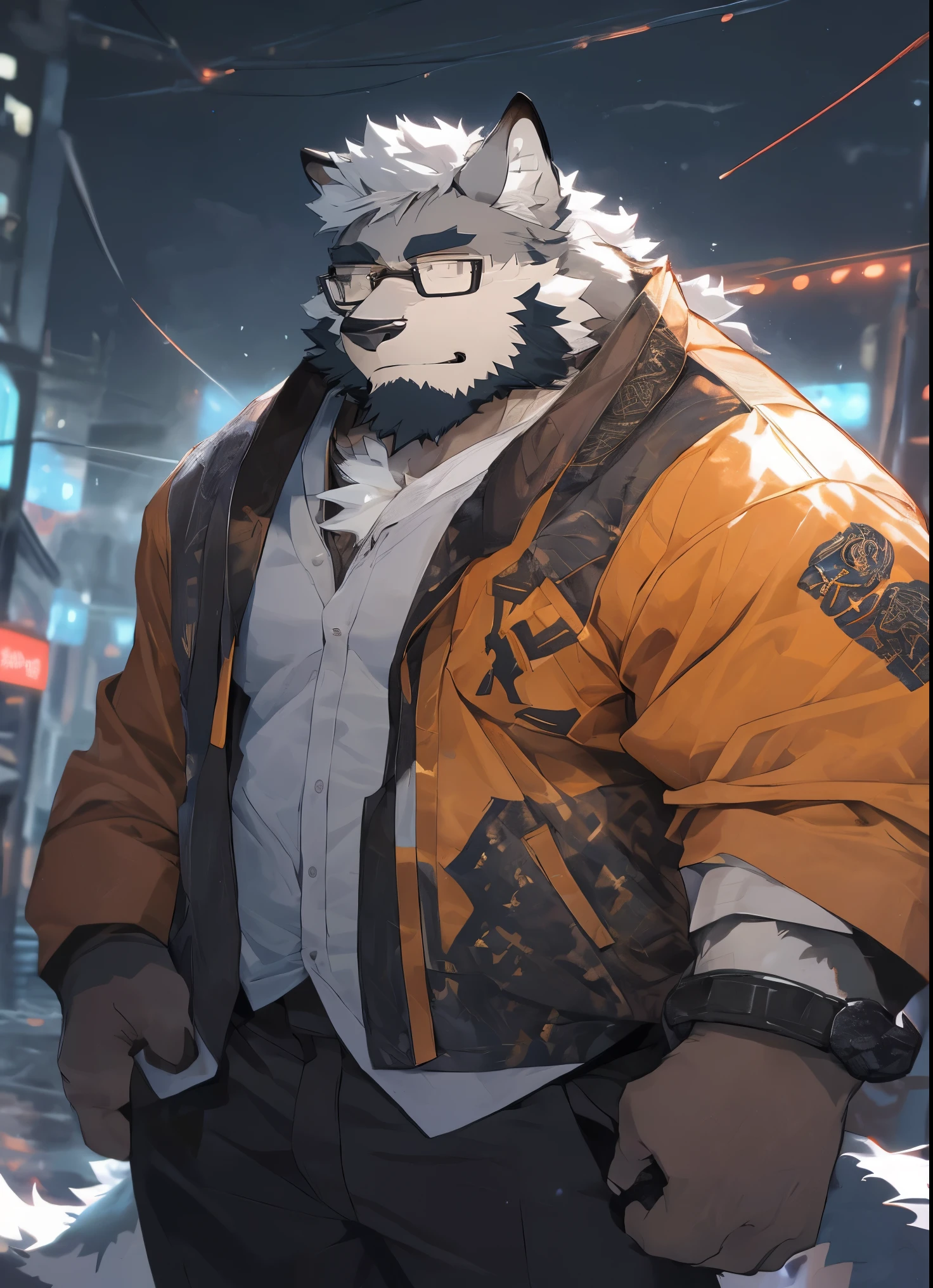 hairy,((Wolf,Black-rimmed glasses,orange fire jacket)),beard,Hair is a long ponytail,long tail,white fur,male,Common,full-body shot,dynamic poses,giggle,rainy day,night,dark night,Detailed background,极其lifelike阴影,masterpiece,Very detailed,lifelike