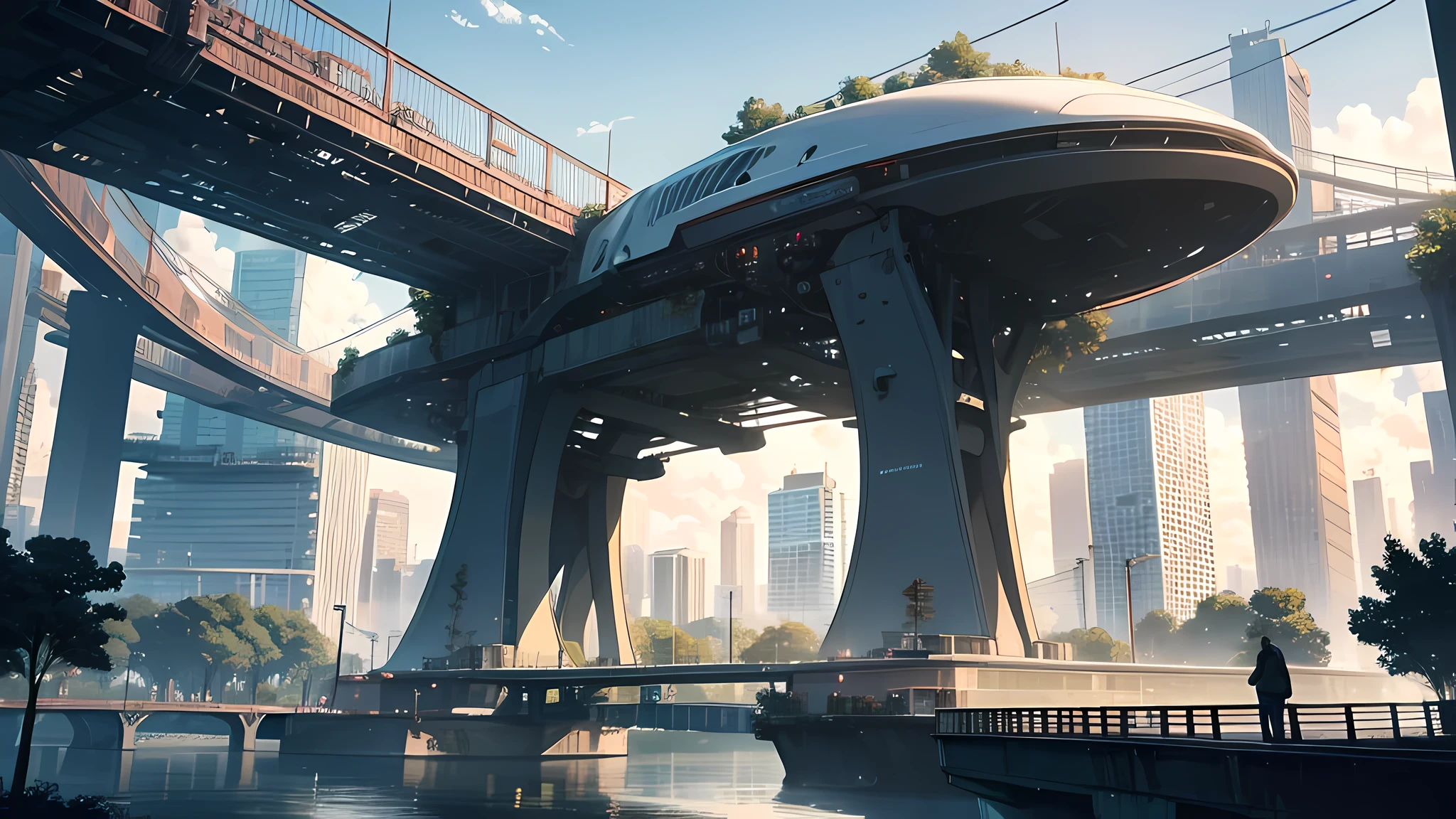 The city of the future,In the daytime,Clouds,big trees,The buildings are connected by bridges,Bustling city streets,Everywhere there are people walking and cycling。The streets are lined with high-rise buildings,Creates a futuristic atmosphere。Robots and the car of the future,Add hilarious scenes。Complex structure,Lots of detail,The terrain is complex,The streets are intricate