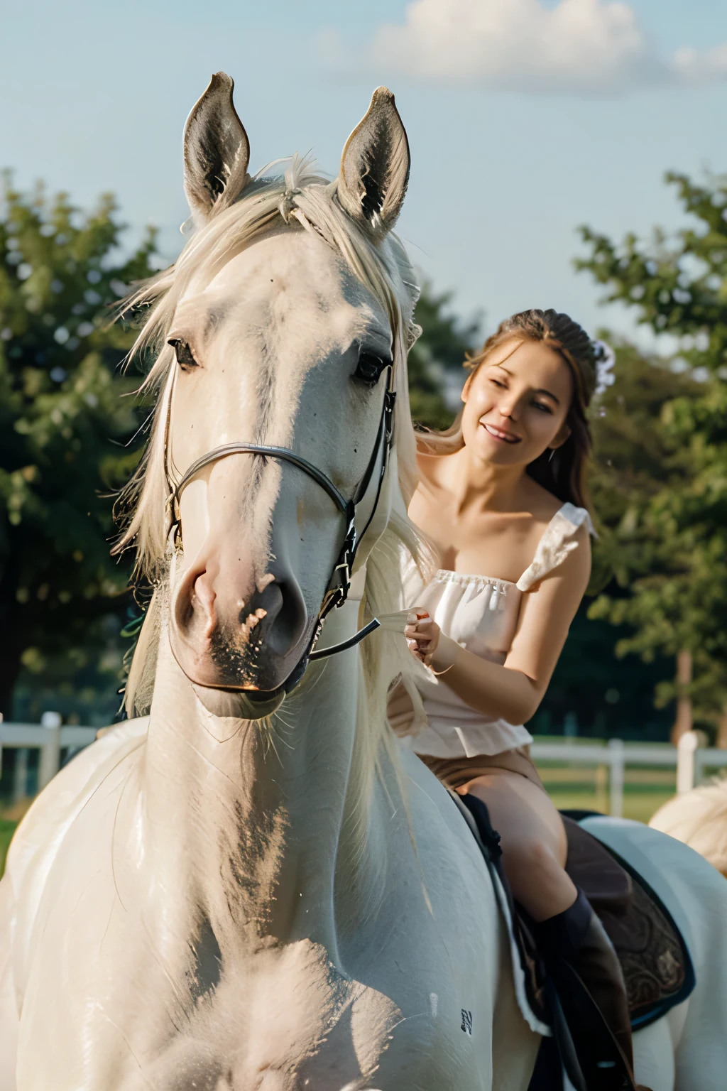  riding on white horse close up high quality