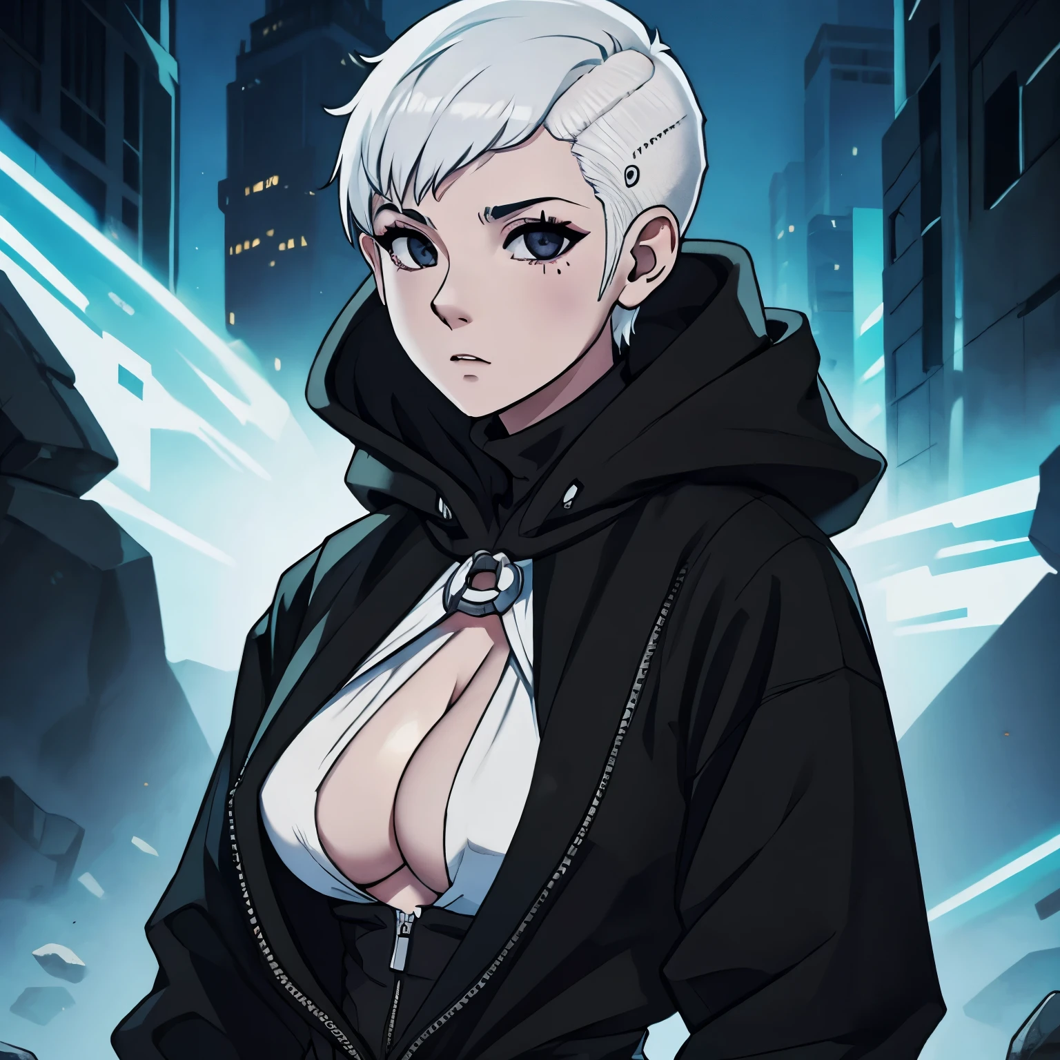 1 woman with white shaved hair, black hoodieblack eyes, breasts