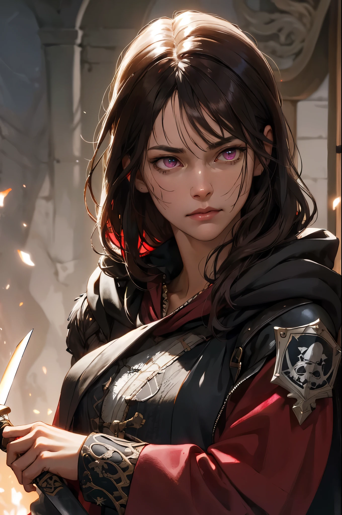 (ridiculous, high resolution, Super detailed), 1 lady, adult, getting old, wavy long hair, dark brown hair, pink eyes, Bangs, long sleeves, Detailed eyes and detailed face, Extremely detailed CG unified 8k wallpaper, intricate details, portrait, (bloody scars:0.7), look down, alone, Upper body, Detailed background, determined expression, assassins creed, assassin, Hidden wrist blade, black rugged assassin clothes, hood, Capulet, short sword, sexual, dynamic poses, caribbean island environment, The golden age of piracy, closed door in background, dust, , portrait, wind spin