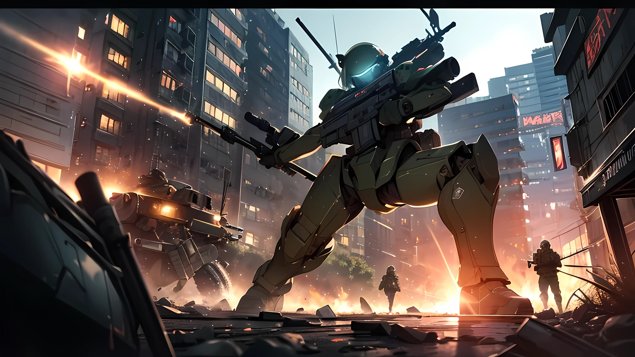 {{Masterpiece, top quality, highly detailed CG, 16K, movie lighting, lens flare}}, (1 girl soldier sniping a huge military robot with a large rifle), (black combat uniform), wide view, thick body, Photorealism: 1.4, long blonde hair, green eyes, have multiple weapons, aiming accuracy 1.4, anti-tank gun, direct light, on rubble, 35mm depth of field, f/1.8, night footage, (((Special Forces SWAT in combat Shinjuku at night)), (sniping with a large rifle), from side, HDR, hyper detailed, giant robot wreckage, (wide angle lens), after-findings