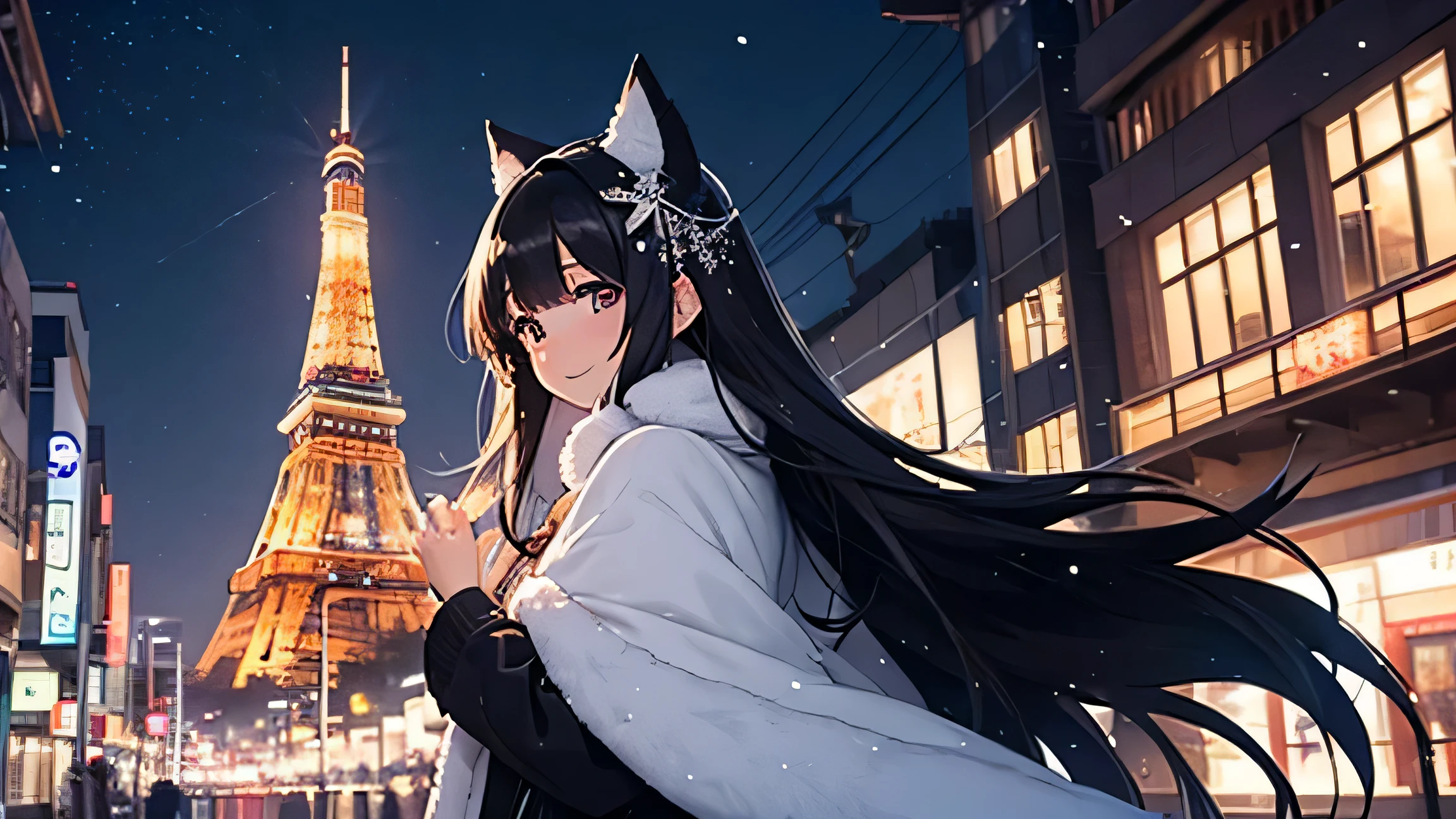 Create a widescreen image of a winter-themed anime girl, No cat ears. she has been for a long time, black hair decorated with star decorations. in the background, Tokyo Tower can be clearly seen, Adding to the urban winter atmosphere. The scene is night, And she's wearing a star-patterned fur-trimmed cape, Illuminated by the soft light of the surrounding street lamps. she has a warm smile、I'm graciously extending my hand, Snowflakes fall gently around her, Enhance her magical and fantastic presence.