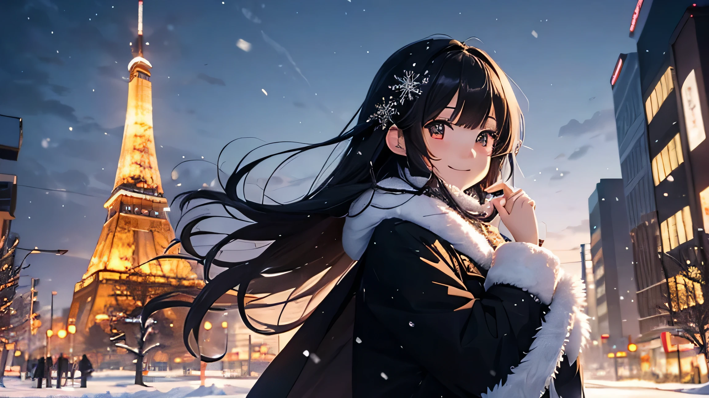Create a widescreen image of a winter-themed anime girl. she has been for a long time, black hair decorated with star decorations. in the background, Tokyo Tower can be clearly seen, Adding to the urban winter atmosphere. The scene is night, And she's wearing a star-patterned fur-trimmed cape, Illuminated by the soft light of the surrounding street lamps. she has a warm smile、I'm graciously extending my hand, Snowflakes fall gently around her, Enhance her magical and fantastic presence.