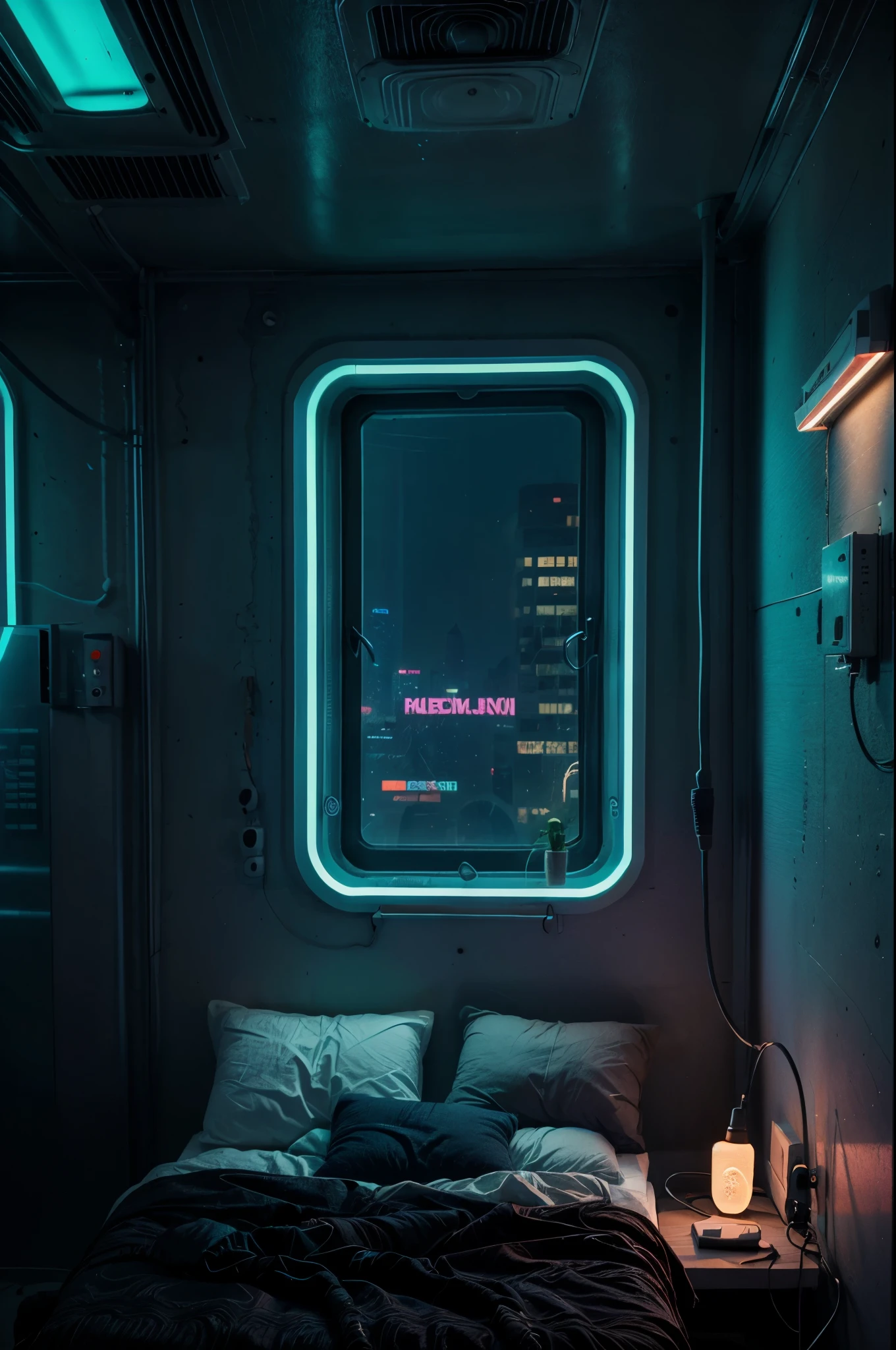 a bedroom, neon lights, dim light, futuristic, orange light, cable, electricity, ornate, detail, windows with skyscrapers, science fiction, blue purple neon,