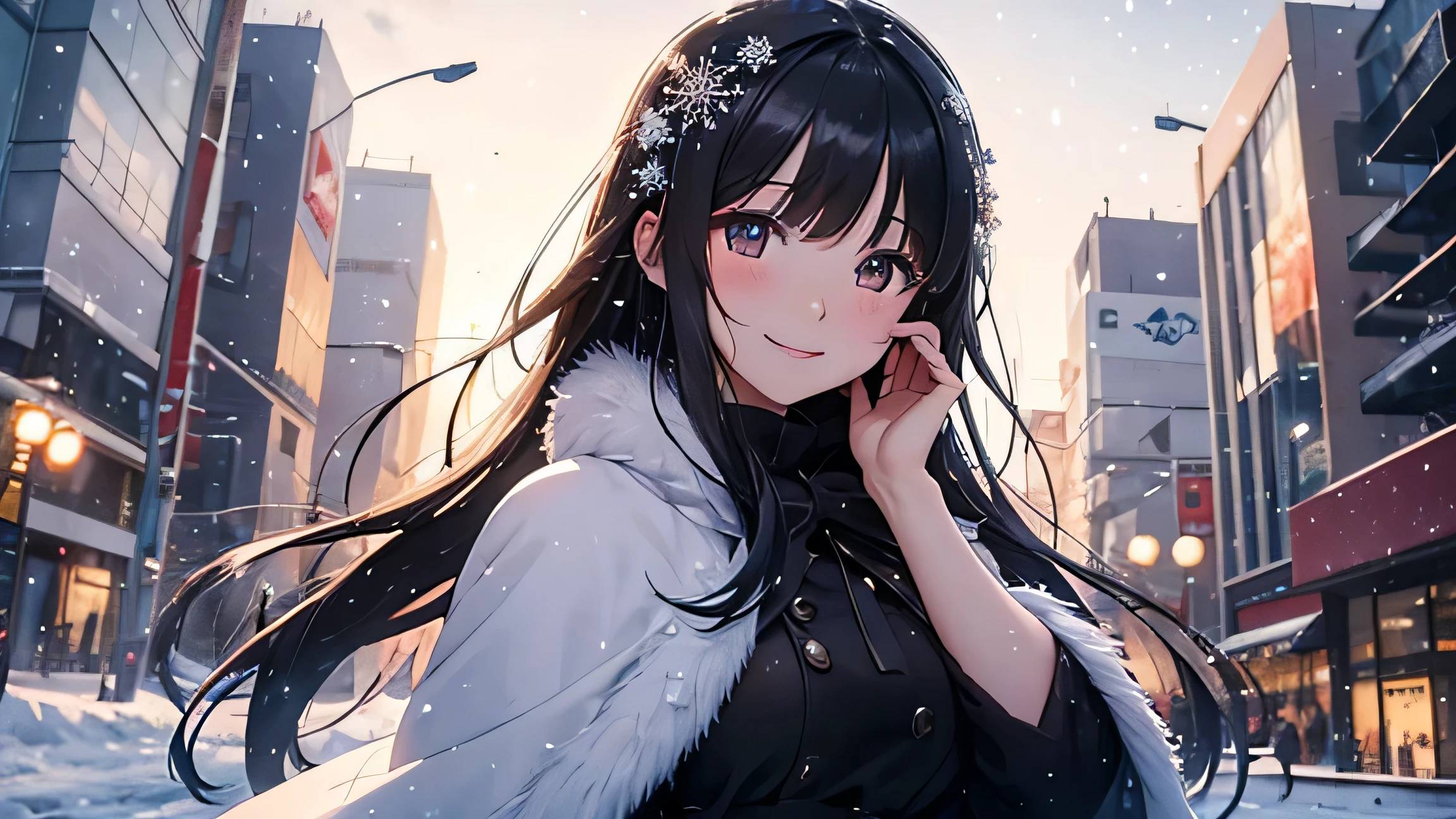 Create a widescreen image of a winter-themed anime girl. she has been for a long time, black hair decorated with star decorations. in the background, Tokyo Tower can be clearly seen, Adding to the urban winter atmosphere. The scene is night, And she's wearing a star-patterned fur-trimmed cape, Illuminated by the soft light of the surrounding street lamps. she has a warm smile、I'm graciously extending my hand, Snowflakes fall gently around her, Enhance her magical and fantastic presence.