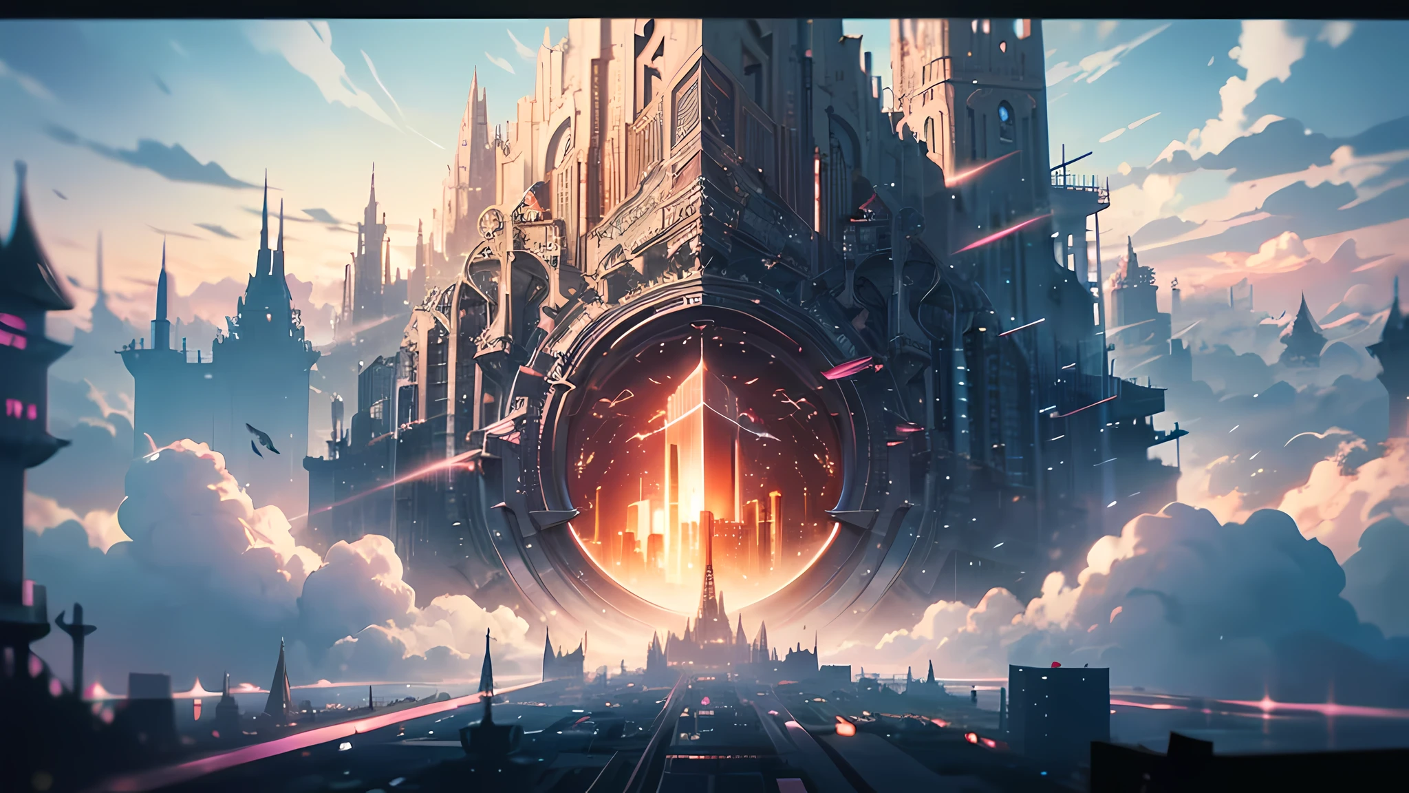 A fantasy floating city, surrounded clouds, Surrealism, Constructivism, Abstractionism, depth of field, motion blur, chromatic aberration abuse, masterpiece, high details, award winning, 8k
