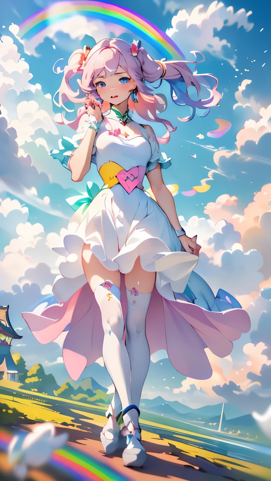 (((Floating in the sky:1.2、one girl、Stand on the clouds)))、Magical girl、Pastel clouds、perfect anatomy、small face、small nose、plump lips、twin tails、rainbow colored hair、Messy clothes、disheveled clothing、unreasonable、Shooting in the sky、(((背景はPastel clouds:1.5、rainbow、blurred background)))、highest quality、High resolution、High resolution、cinematic lighting、professional photographer