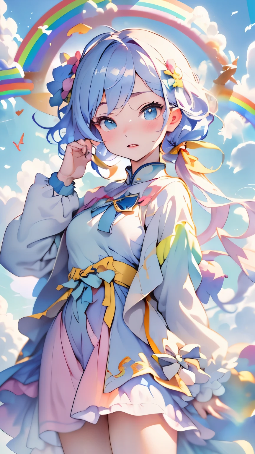 (((Floating in the sky:1.2、one girl、Stand on the clouds)))、Magical girl、Pastel clouds、perfect anatomy、small face、small nose、plump lips、twin tails、rainbow colored hair、Messy clothes、disheveled clothing、unreasonable、Shooting in the sky、(((背景はPastel clouds:1.5、rainbow、blurred background)))、highest quality、High resolution、High resolution、cinematic lighting、professional photographer