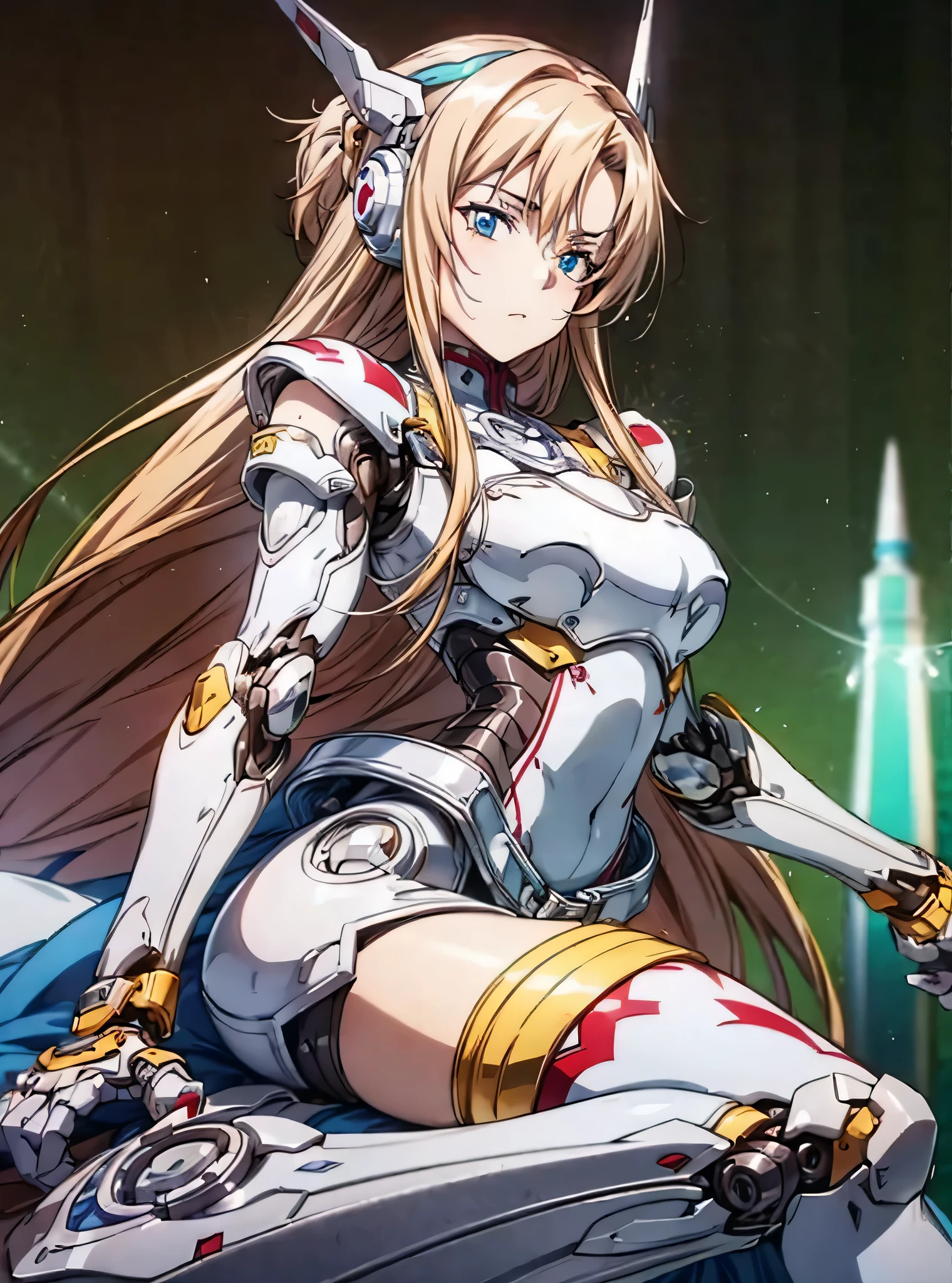 highest quality、unity 8k wallpaper、32K、masterpiece、Super detailed、ultra high resolution、ultra high resolution、android yuuki asuna、Blood Alliance Knight、Androidization、robot girl、red and white armor and dress、mechanical limbs、thigh、chest、mecha musume、mechanical parts、複雑に表現されたスーパーrobot joints、robot joints、robot fingertips、single mechanical arm、mechanical arm、headgear、headset、mechanical harrow、Star Halo、Complex mechanical bodies、Mechanical corset covered with dense armor.、stiletto heels、Realistic and complex camera eye、A complex fusion of body and machine、Legs covered in white and red armor、robot knee joint、mechanical fingers、Eyes like a mechanical camera、anatomically accurate machine、The whole body is covered with machines、covered in red and white armor、beautiful posture、princess half up hairstyle、(((thighの一部が肌色の肉体)))、