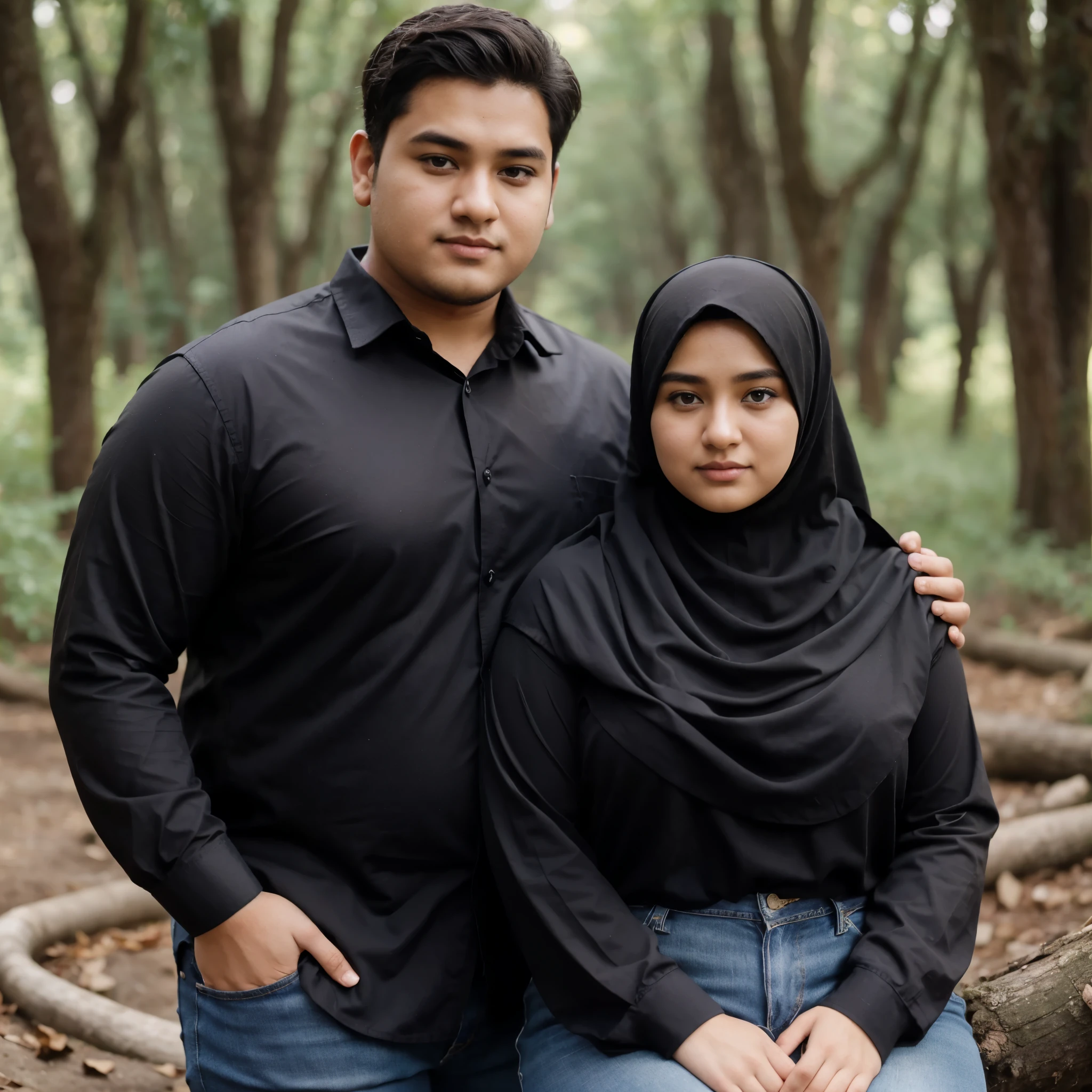 outdoor photo, two person.
a 25 year old man, chubby, slightly fat, brown skin, wearing a formal Black shirt, with blue jeans. a 25 year old woman, wearing a hijab, chubby face, a bit fat, wearing a matching Muslim shirt, compactly wearing white shoes, professional photo model in forest, terlihat nyata, realistic, bestphotography.