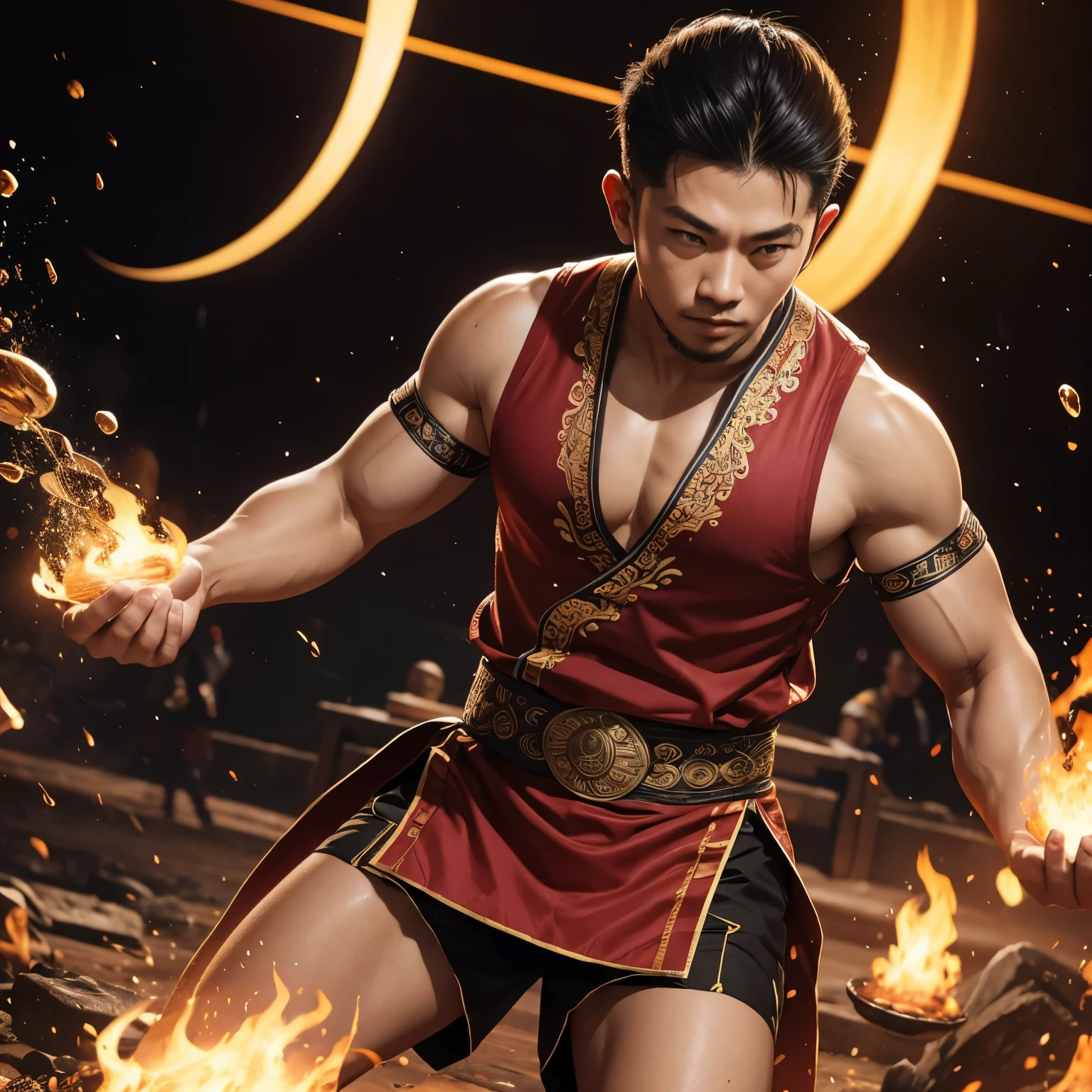 gambar seorang petarung kung fu berotot dan gagah tegak kokoh di tengah medan pertempuran . Pendekar tersebut mengenakan baju rompi yang berwarna merah dengan lambang budha yang terpampang di dadanya dan celana kuning. Dia memegang pedang dan tongkat dengan kedua tangan, siap untuk menghadapi musuh
Di sekelilingnya, puing-puing reruntuhan bangunan dan pepohonan yang terbakar menunjukkan bahwa pertempuran telah berlangsung lama,gambar Ultra HD dan gambar 3 Dimensi, gambar profesional