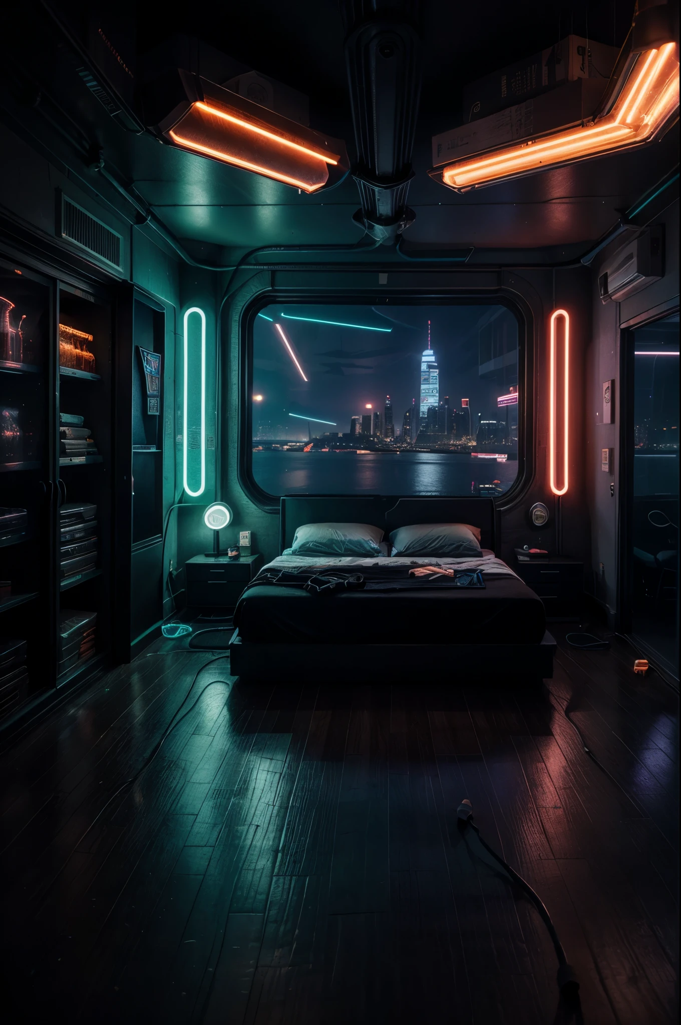 a bedroom, neon lights, dim light, futuristic, orange light, cable, electricity, ornate, detail, windows with skyscrapers, science fiction, blue purple neon, 