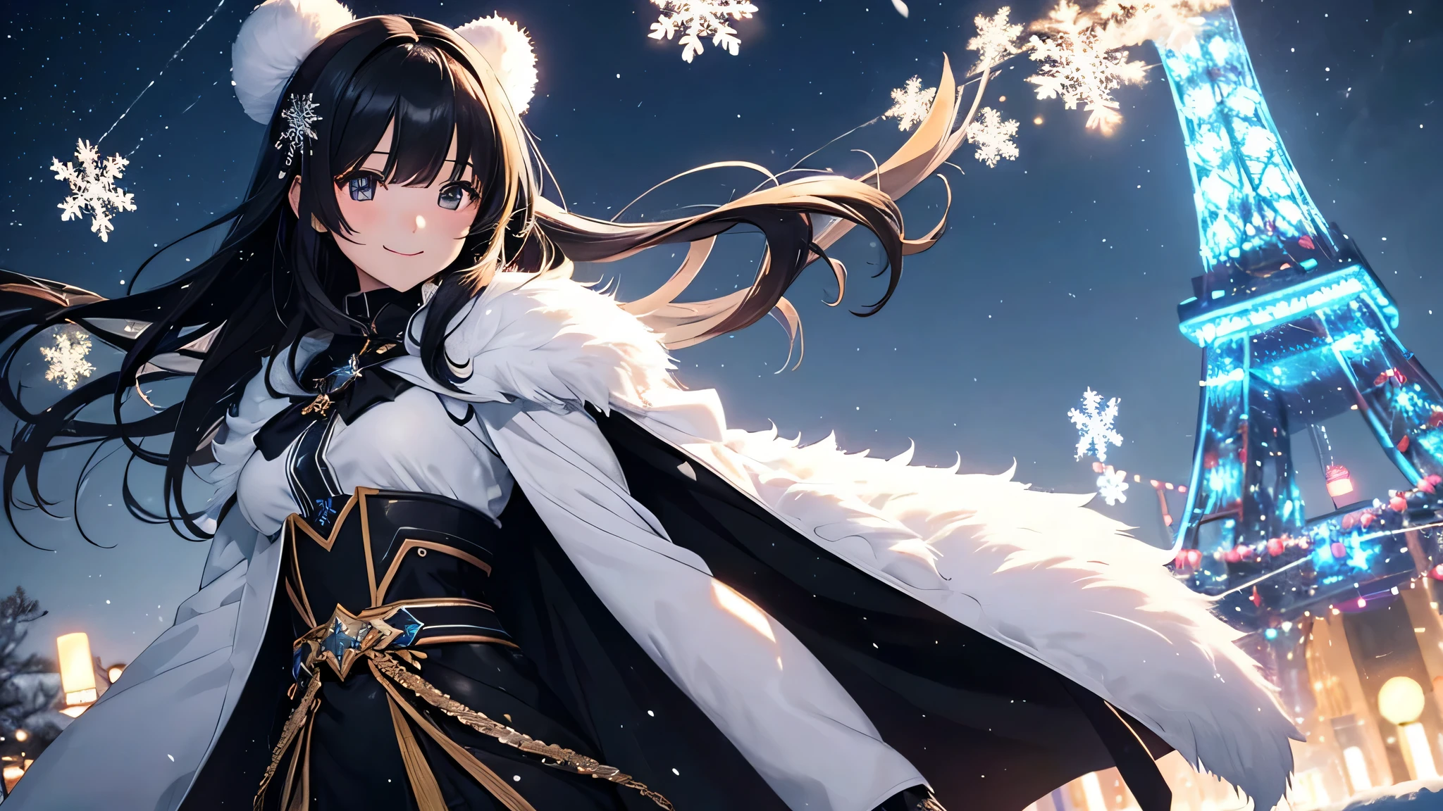 Create a widescreen image of a winter-themed anime girl. she has been for a long time, black hair decorated with star decorations. in the background, Tokyo Tower can be clearly seen, Adding to the urban winter atmosphere. The scene is night, And she's wearing a star-patterned fur-trimmed cape, Illuminated by the soft light of the surrounding street lamps. she has a warm smile、I'm graciously extending my hand, Snowflakes fall gently around her, Enhance her magical and fantastic presence.
