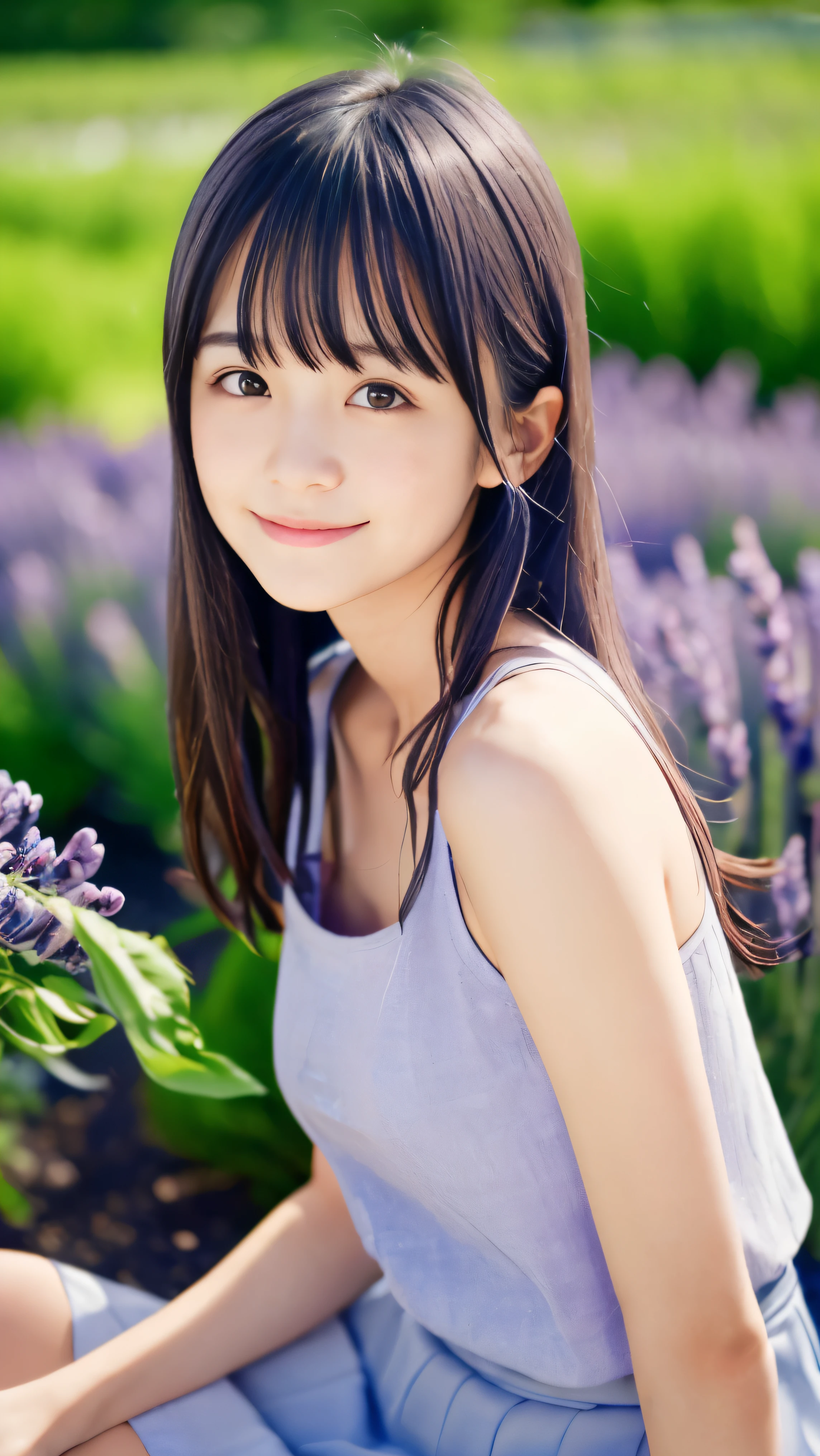 (Close-up of a slender small-breasted dark silver long-haired girl with flowing bangs wearing a white tank top and skirt:1.5)、(One girl sitting with a little smile near the lavender field garden:1.5)、(summer blue sky:1.5)、(blurred background:1.5)、(perfect anatomy:1.5)、photorealistic stick、RAW photo、table top、highest quality、High resolution、delicate and beautiful、perfect face、delicate and beautiful目元の空気肌、real human skin、((thin legs))
