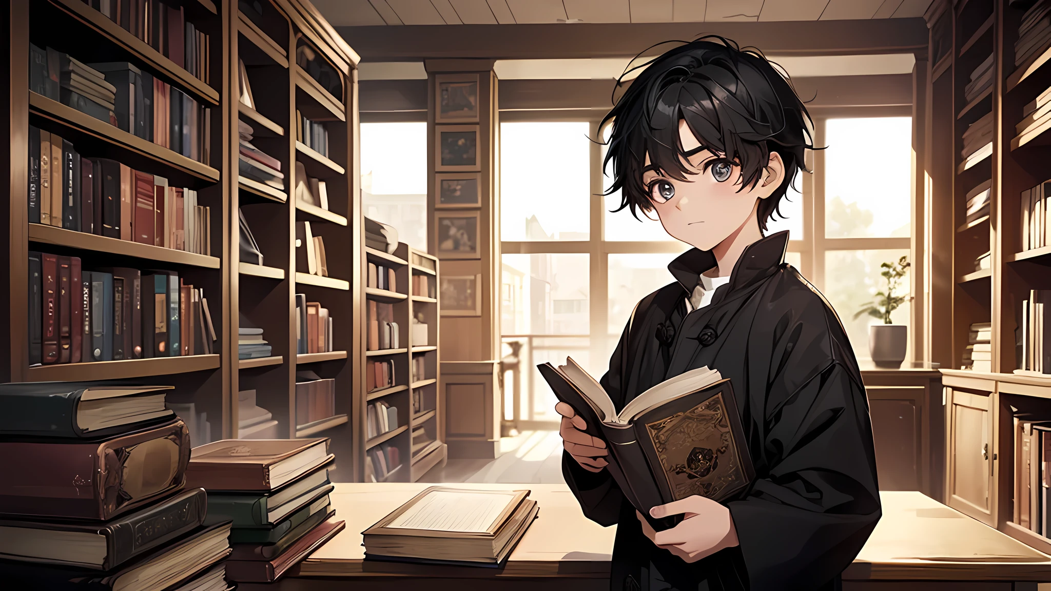The little boy with black hair read intently,The face was full of excitement and curiosity。The large bookshelves around are lined with old books,The air smells of dust and history。perfect face, perfect body
