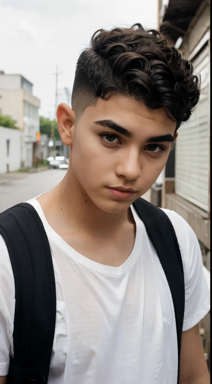 Boy thick eyebrows haircut low fade White with black stripe shirt curly hair eyebrows Low fade haircut curly hair