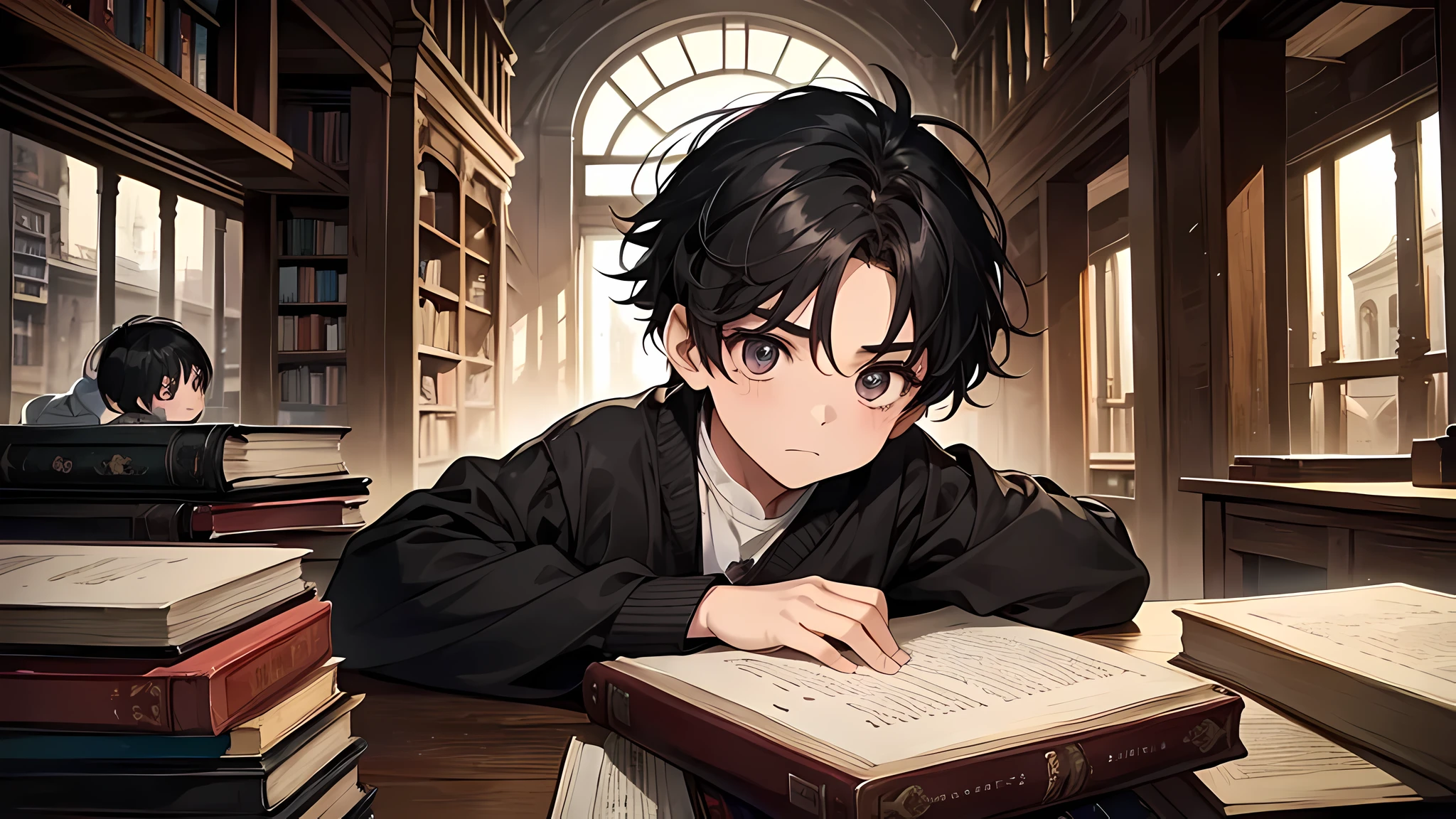 The boy with black hair read intently,The face was full of excitement and curiosity。The large bookshelves around are lined with old books,The air smells of dust and history。perfect face, perfect body