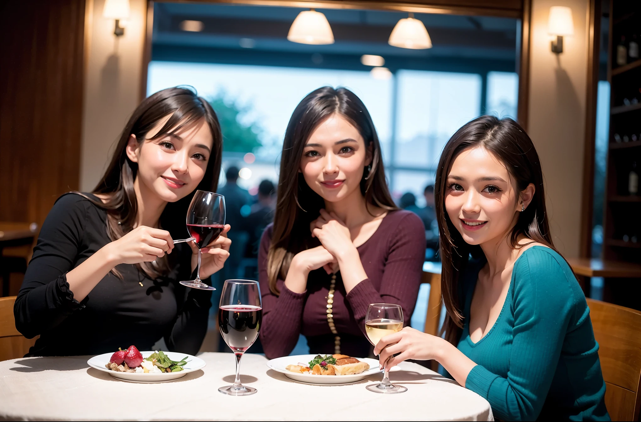 64k, UHD, highest quality, masterpiece: 1.2), (realistic, photorealistic: 1.37),5-people、やわらかなsmile、gentle expression、 Super detailed, celebration party、beauty、charm、beautiful mature woman、3 women who love wine、three men、Kobe、Yokohama、champagne、sparkling wine、winter night、restaurantでワイン宴会、(slimな男女4名),(Wine party for 5 people)、(slimフェイス),Happy、 最高なsmile、Fox Face、Berry Short、(because I'thin), (brown hair), (shortcut), long sleeve shirt、winter fashion、Colombia、Brazilian、Japanese、Dutch、German、Portuguese、Belgian、Italian、french, (gushing), (slimボティ), (brown hair), (shortcut), 端正なbeauty、cheeks blush a little, (41 years old), 38 years old, 35 years old、32 years old、 A beautiful and detailed night view spreads out outside the window.........., restaurant, wine glassが座っている, At night, in a prominent place (from the Upper body) nova frog style, actress, model, Upper body, White wine, slim, wine glass, Very beautiful night view, wine glass Put in the Middle, Happy smile, (smile: 1.15),