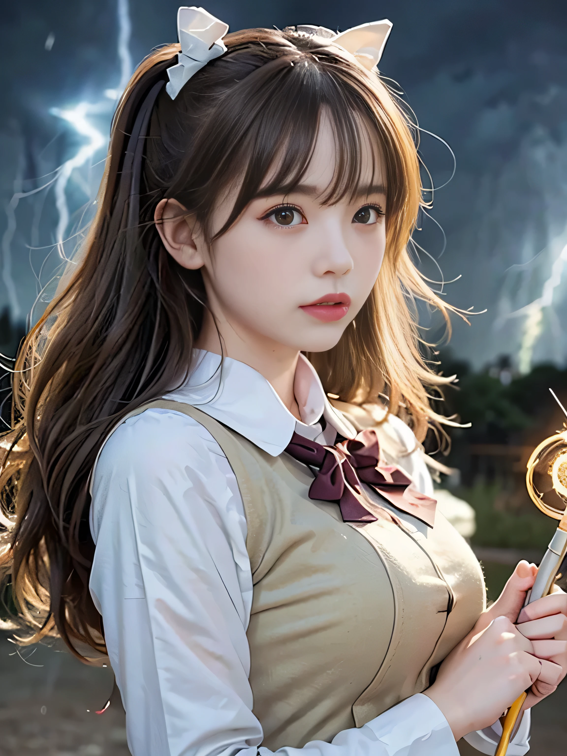 highest quality、masterpiece、ultra high resolution、(Photoreal:1.4)、RAW photo、Detailed CG image quality、cyber punk、beautiful feces、(1 magical girl)、16 years old, (Twin-tailed black hair:1.4), (White ribbon to stop hair), (Platinum Silver Accessories:1.4)、(White school uniform:1.4)、(big breasts thin waist)、(purple eyes:1.3), (shining eyes), (Mystical powers:1.2), (Holding a white wizard wand:1.4), ((A pale and fierce ball of light emanating from the wand:1.4)), (Thunder resounds from every part of my body:1.4)、detailed portrait、8K quality、bright colors、concept art、Cinematic and dramatic atmosphere、sharp focus、volume lighting、movie lighting、Wearing studio quality、(neon lighting)、written boundary depth、environmental lighting、blurred foreground、blurred background:1.3, (Rainy night:1.4), (((Severe lightning strike:1.4))),