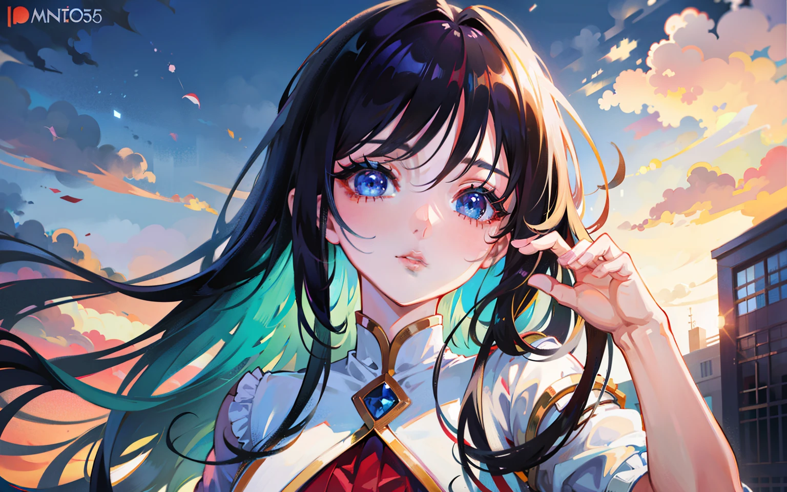 anime long hair girl and blue eyes standing on a balcony, Beuatiful anime girl, Beuatiful anime portrait, anime long hair girl, Smooth anime CG art, Portrait anime girl, anime style 4k, realistic young anime girl, Realistic anime girl rendering, Attractive anime girl, Beuatiful anime, Stunning anime face portraits, young anime girl, Portrait of an anime girl