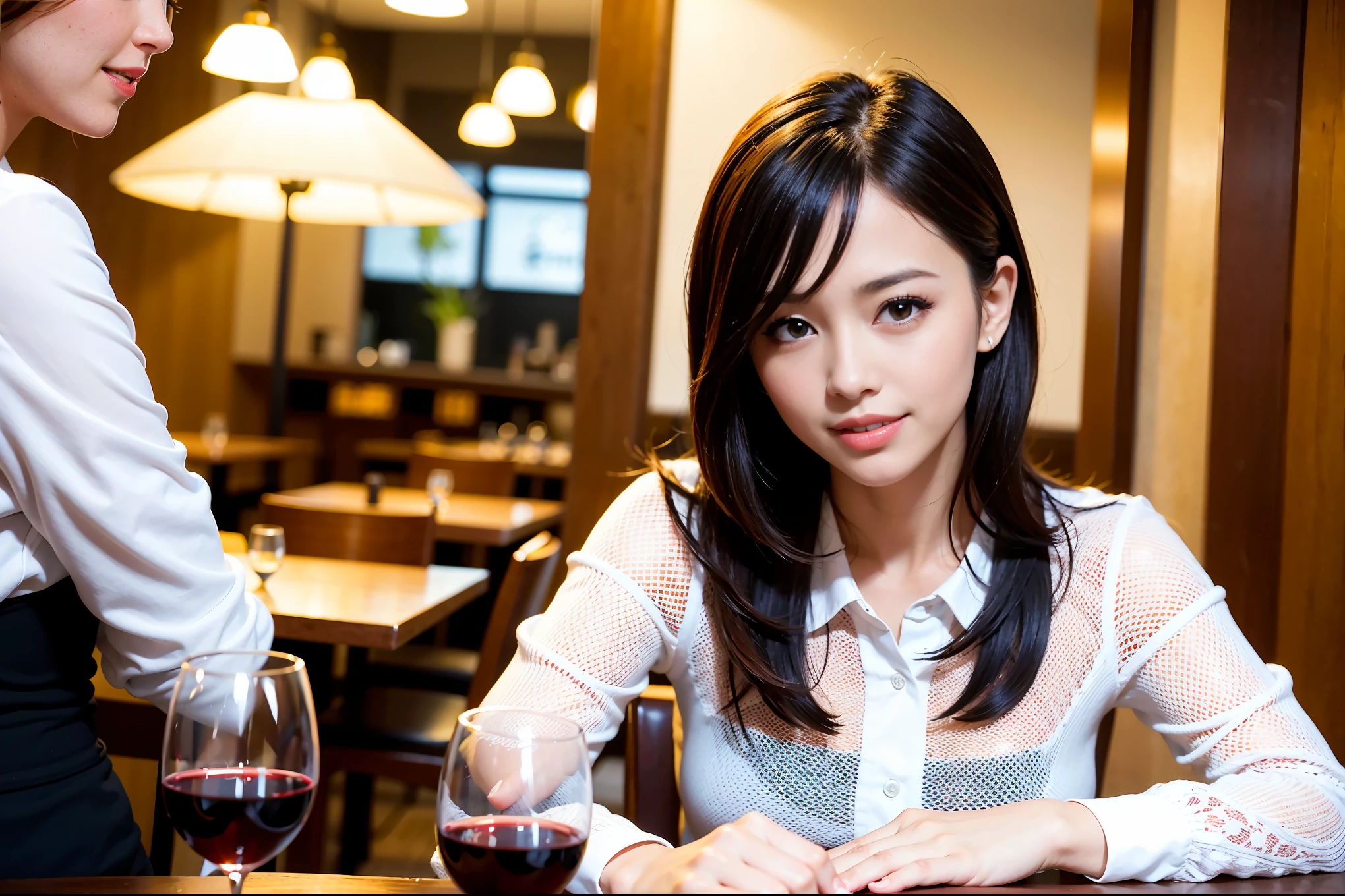 64k, UHD, highest quality, masterpiece: 1.2), (realistic, photorealistic: 1.37),5-people、やわらかなsmile、kind expression、 Super detailed, celebration party、beauty、Charm、beautiful mature woman、3 women who love wine、three men、Kobe、Yokohama、champagne、sparkling wine、winter night、restaurantでワイン宴会、(slimな男女4名),(Wine party for 5 people)、(slimフェイス),Happy、 最高なsmile、Fox Face、Berry Short、(because I'thin), (brown hair), (shortcut), long sleeve shirt、winter fashion、Colombia、Brazilian、Japanese、Dutch、German、Portuguese、Belgian、Italian、french, (gushing), (slimボティ), (brown hair), (shortcut), 端正なbeauty、cheeks blush a little, (41 years old), 38 years old, 35 years old、32 years old、 A beautiful and detailed night view spreads out outside the window........, restaurant, wine glassが座っている, At night, in a prominent place (from the Upper body) nova frog style, actress, model, Upper body, White wine, slim, wine glass, very beautiful night view, wine glass Put in the Middle, Happy smile, (smile: 1.15),