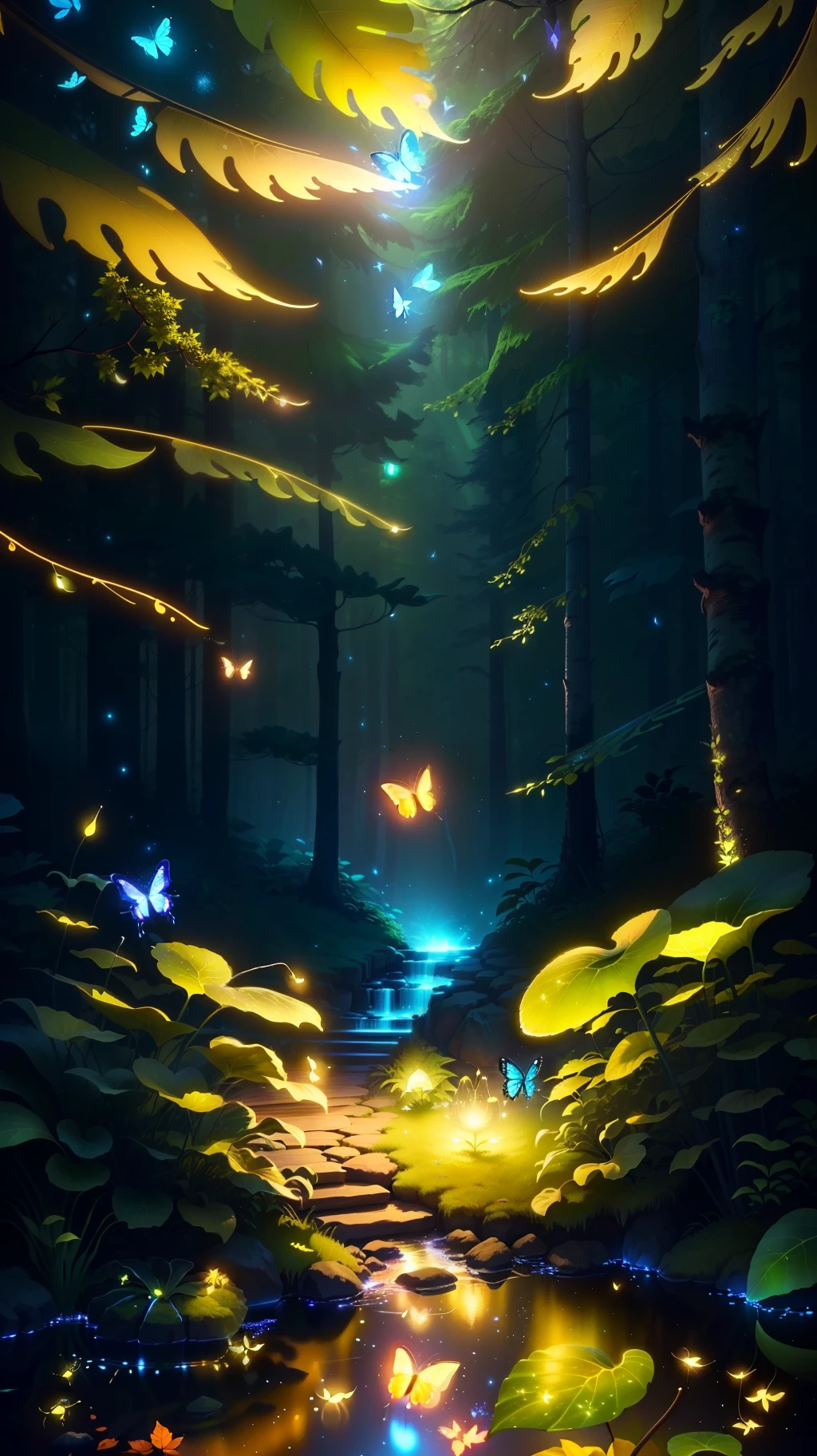 9:16 Full picture, masterpiece, best quality, magic beam, (very detailed CG unity 8k wallpaper), (best quality), (best illustration), (best shadows), with Forest theme with natural elements. Tall trees, quiet streams, small glowing mushrooms surrounded by delicate leaves and branches, with fireflies and glowing particle effects,, (natural elements), (jungle theme), (leaves), (twigs), (fireflies), erflies, (delicate leaves), (glow), (particle effects). , Isometric 3D, Octane Rendering, Ray Traced, Super Detailed amazing