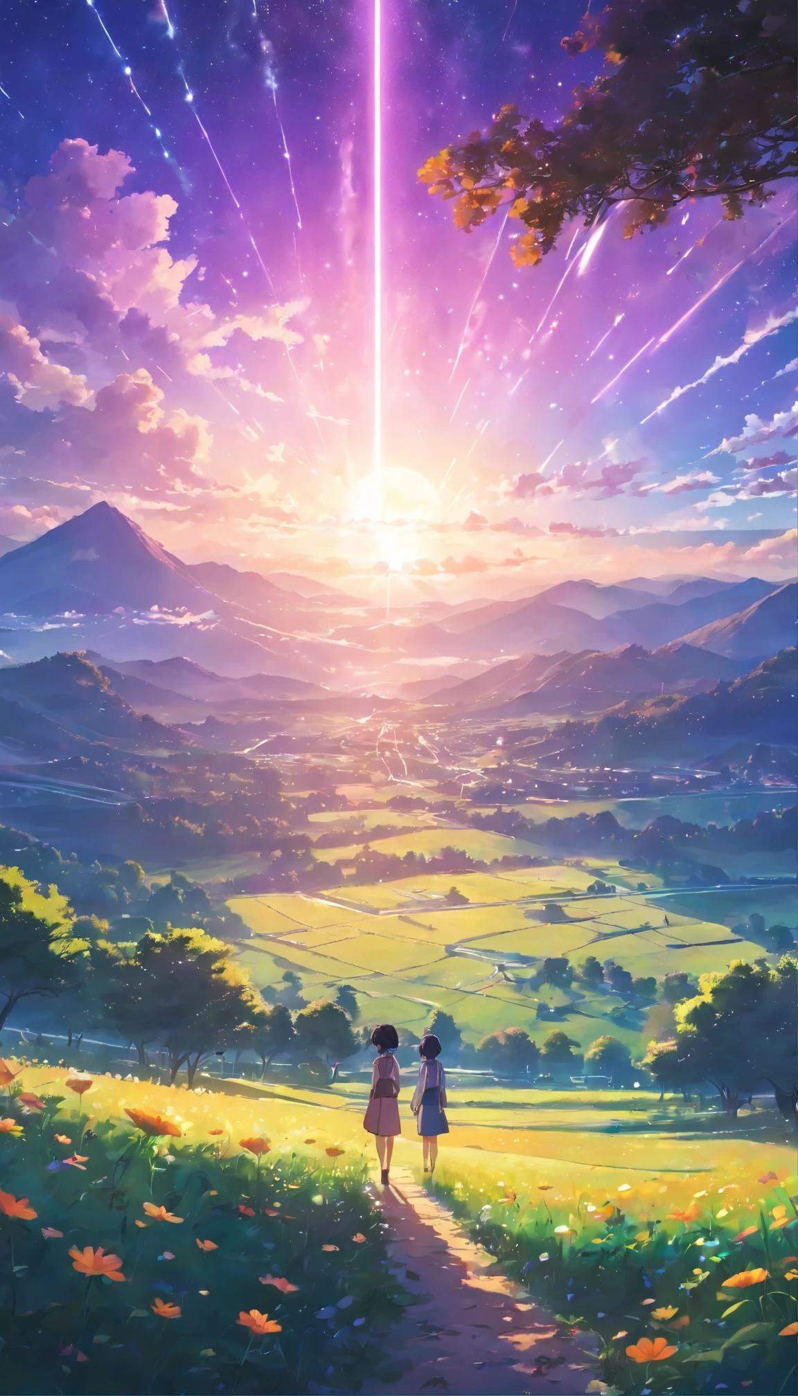Vast landscape photos,(look from down,Above is the sky,Below are open fields),a girl standing on flower field looking up,(moon full:1.2),(meteors:0.9),(Starcloud:1.3),Far Mountain, Tree BREAK making art,(Warm light source:1.2),(glowworm:1.2),lamp lights,lots of purples and oranges,intricately details,Volumetric lighting BREAK(tmasterpiece:1.2),(best qualtiy),4K,ultra - detailed,(dynamic compositions:1.4),Plenty of detail,plethora of colors,(Irridescent color:1.2),(with light glowing,Atmospheric lighting),dream magical,magical,(独奏:1.2