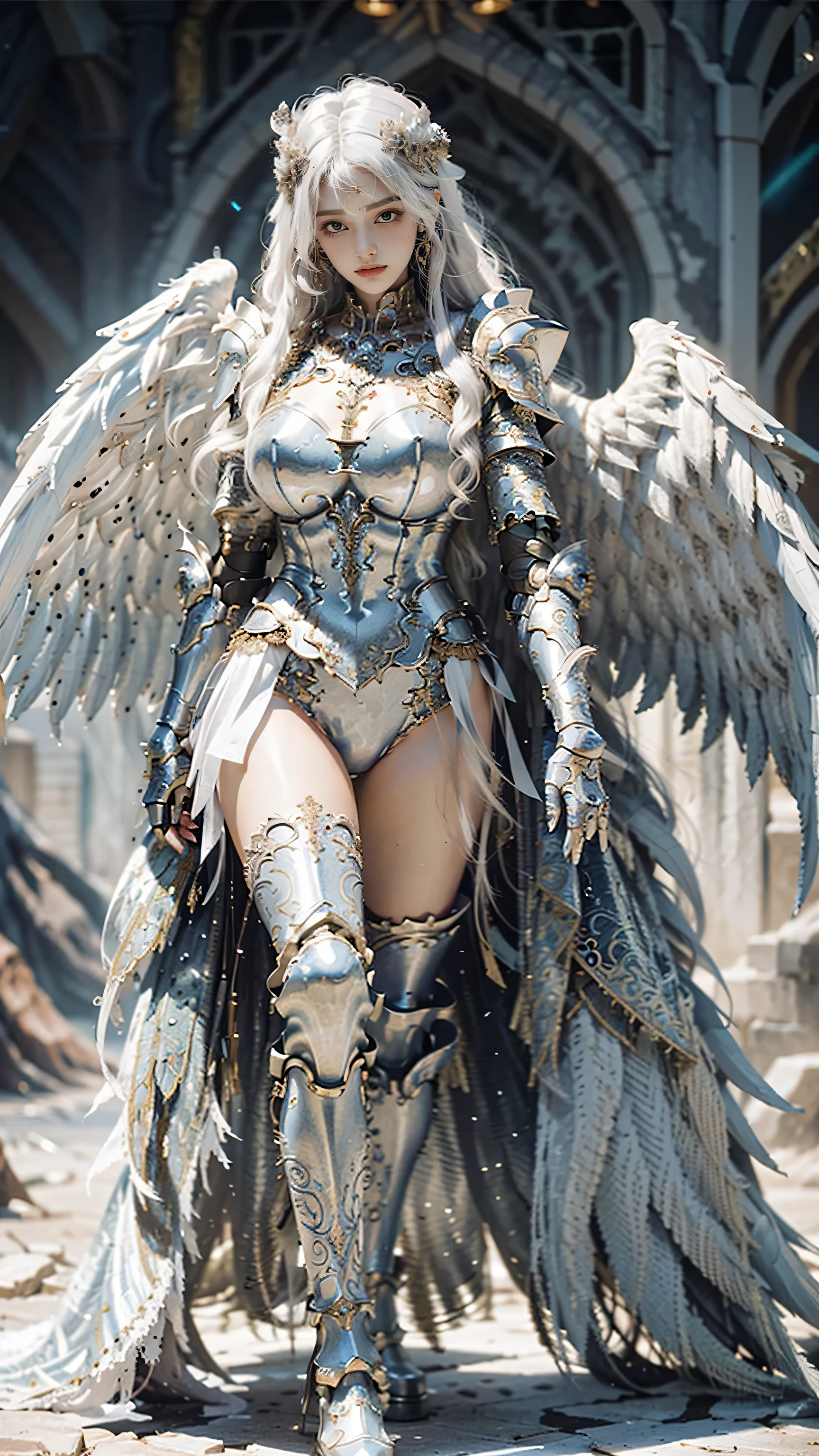 It depicts a beautiful woman walking full body with large wings in intricate armor. The armor is highly detailed and beautiful. Decorated with intricate designs and patterns. She has long flowing white hair that contrasts beautifully with the metallic color of the armor. The background is dark and blurred to ensure that the focus remains on the armor.