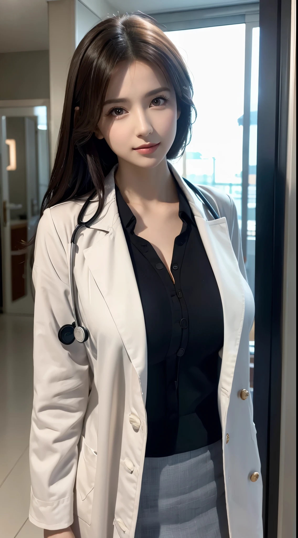 Realistic beauty doctor、Amazingly beautiful、doctor white coat, collared shirt、(top quality、8k、32k、Masterpiece、north african trade zone:1.3)、ultra high resolution,(Realism:1.4),original photography, Detailed face,,beautiful hair, ((Doctor style)), , Black tight skirt、 natural makeup,, Full, large breasts、inside the hospital, Detailed background, perfect lighting, depth of field, beautiful shadow gradient,stethoscope ,
