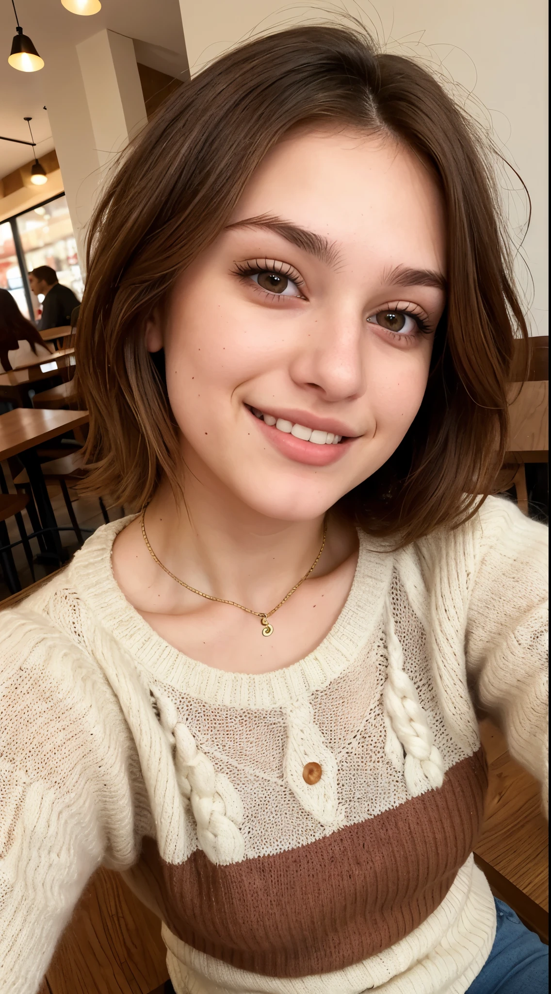 White skinned. A 23-year-old Turkish girl. brown hair. Brown eyed. He's wearing a sweater and taking a selfie. sitting in the cafe