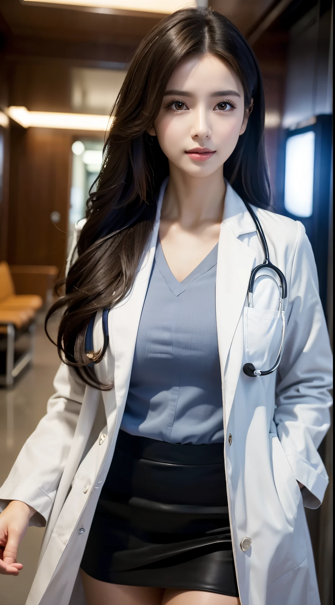 Realistic beauty doctor、Amazingly beautiful、doctor white coat, collared shirt、(top quality、8k、32k、​Masterpiece、north african trade zone:1.3)、ultra high resolution,(Realism:1.4),original photography, Detailed face,,beautiful hair, ((Doctor style)), , Black tight skirt、 natural makeup,, Full, large breasts、inside the hospital, Detailed background, perfect lighting, depth of field, beautiful shadow gradient,stethoscope ,